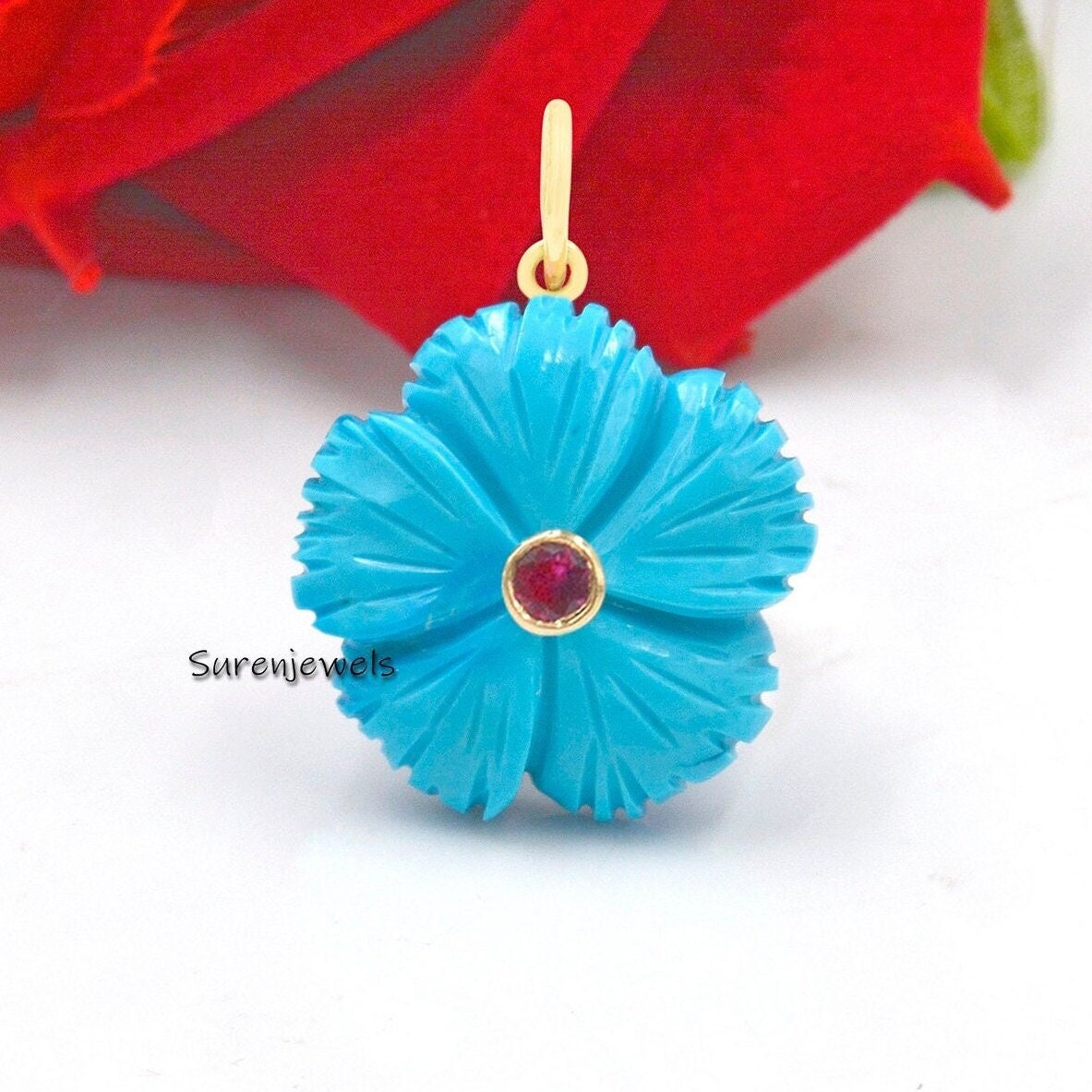 14K Gold Carved Gemstone Flower Pendant with Ruby CZ - Suren Jewels | SKU: SJP1921-SLYGTQCZRU