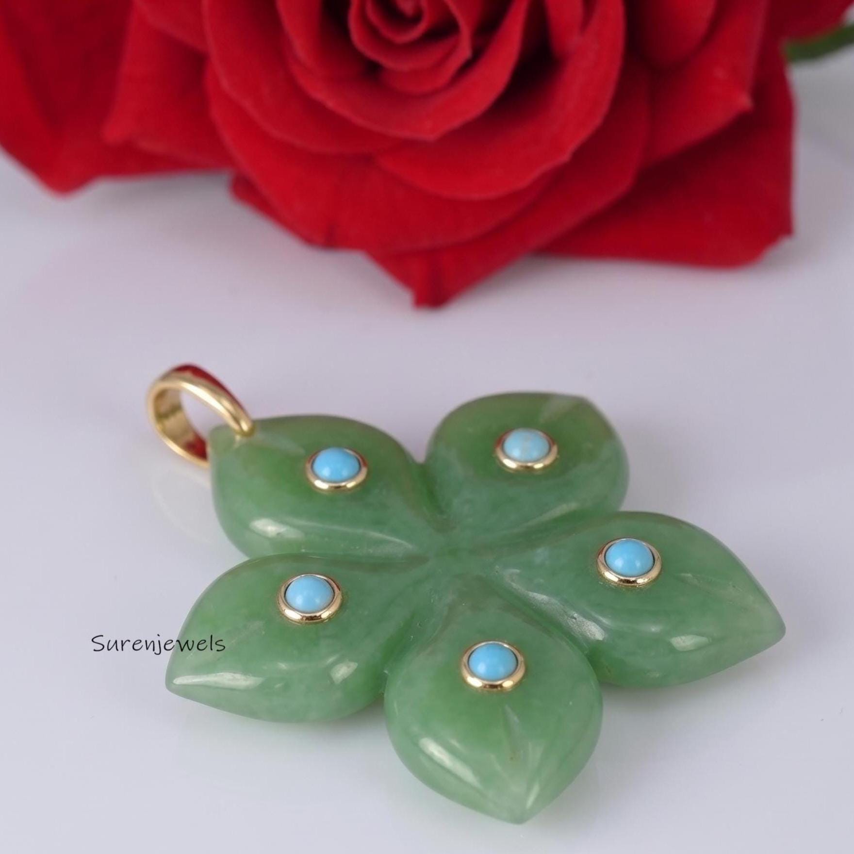 14K Gold Carved Gemstone Flower Pendant, Gold Gemstone Flower Pendant, Solid Gold Gemstone Flower Pendant, Vintage 14k Gold F