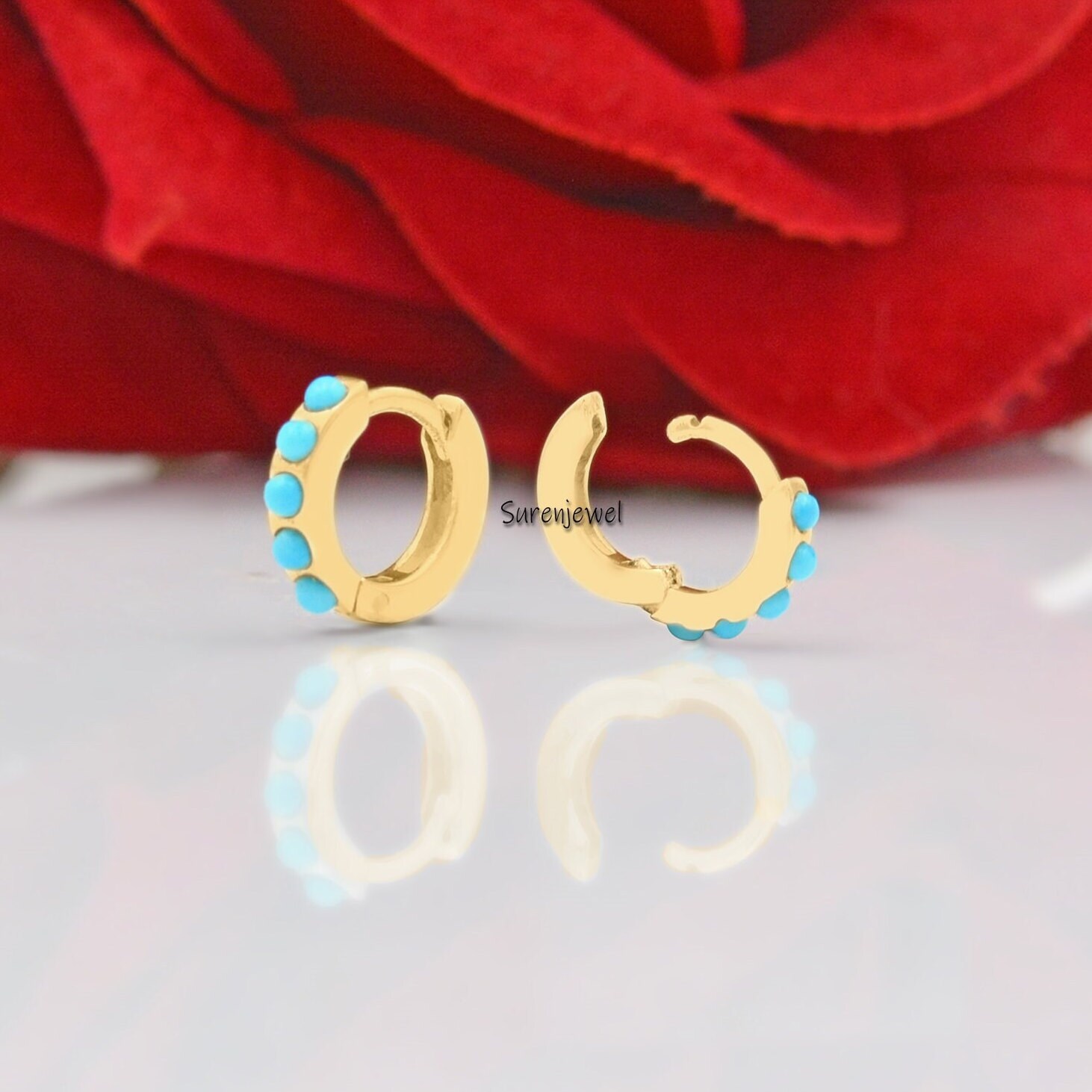 14k Solid Gold Turquoise Huggie Earrings - 10mm - View 5 - Suren Jewels | SKU: SJE933-SLNSTQ-10M