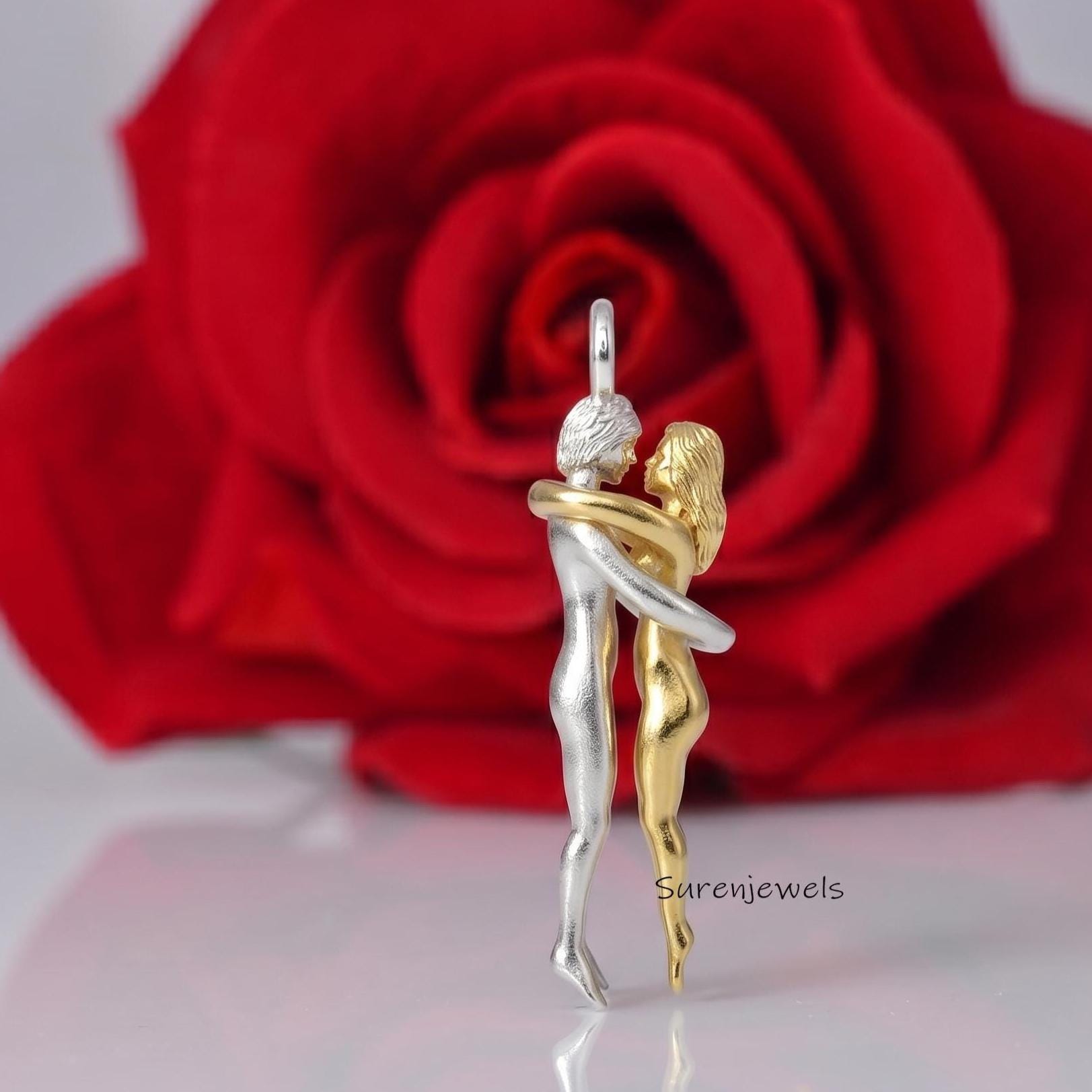 Dancing Couple Pendant, 14K Two Tone Gold Hugging Charm, Romantic Hug Pendant Wedding Anniversary Gift, Valentines Day Gift,