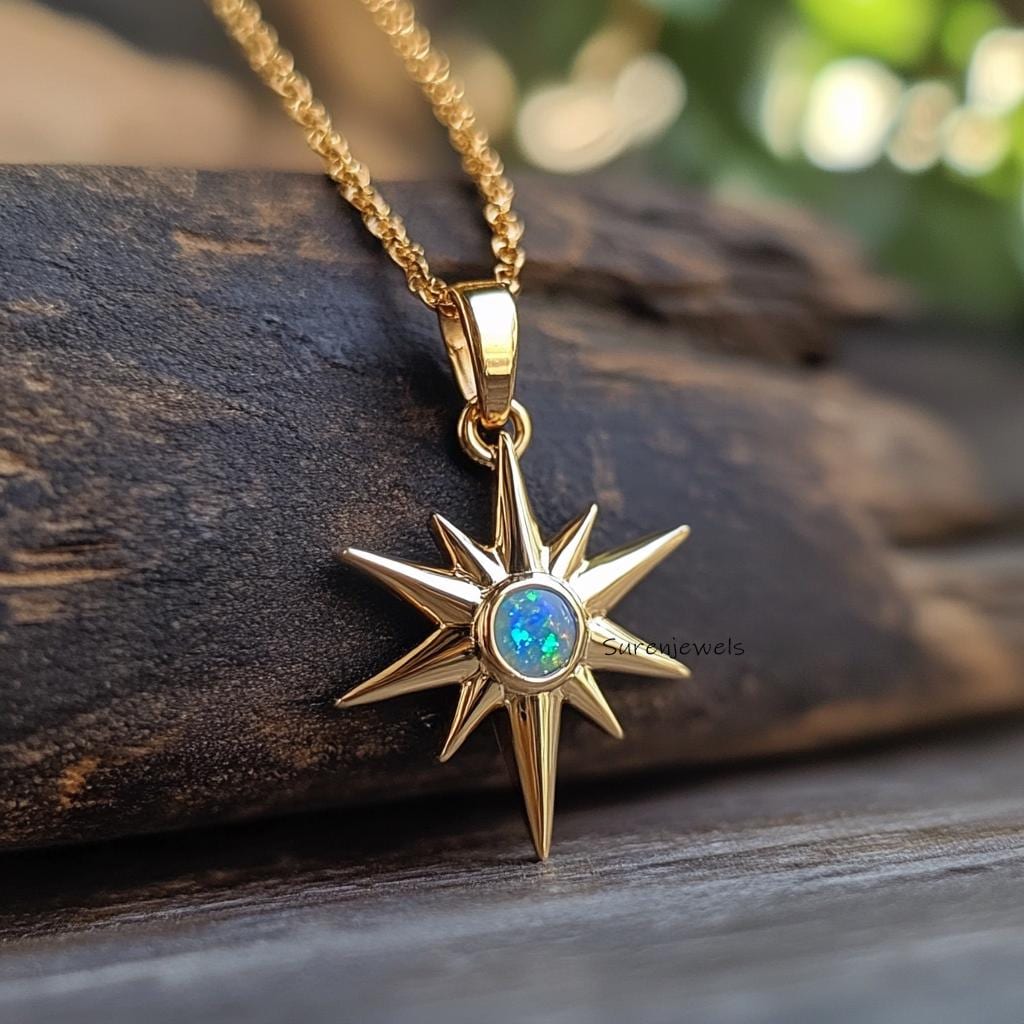 14K Gold Gemstone North Star Pendant: Designer Starburst Charm - Suren Jewels | SKU: SJP4480-SLYGLR-20M,SJP