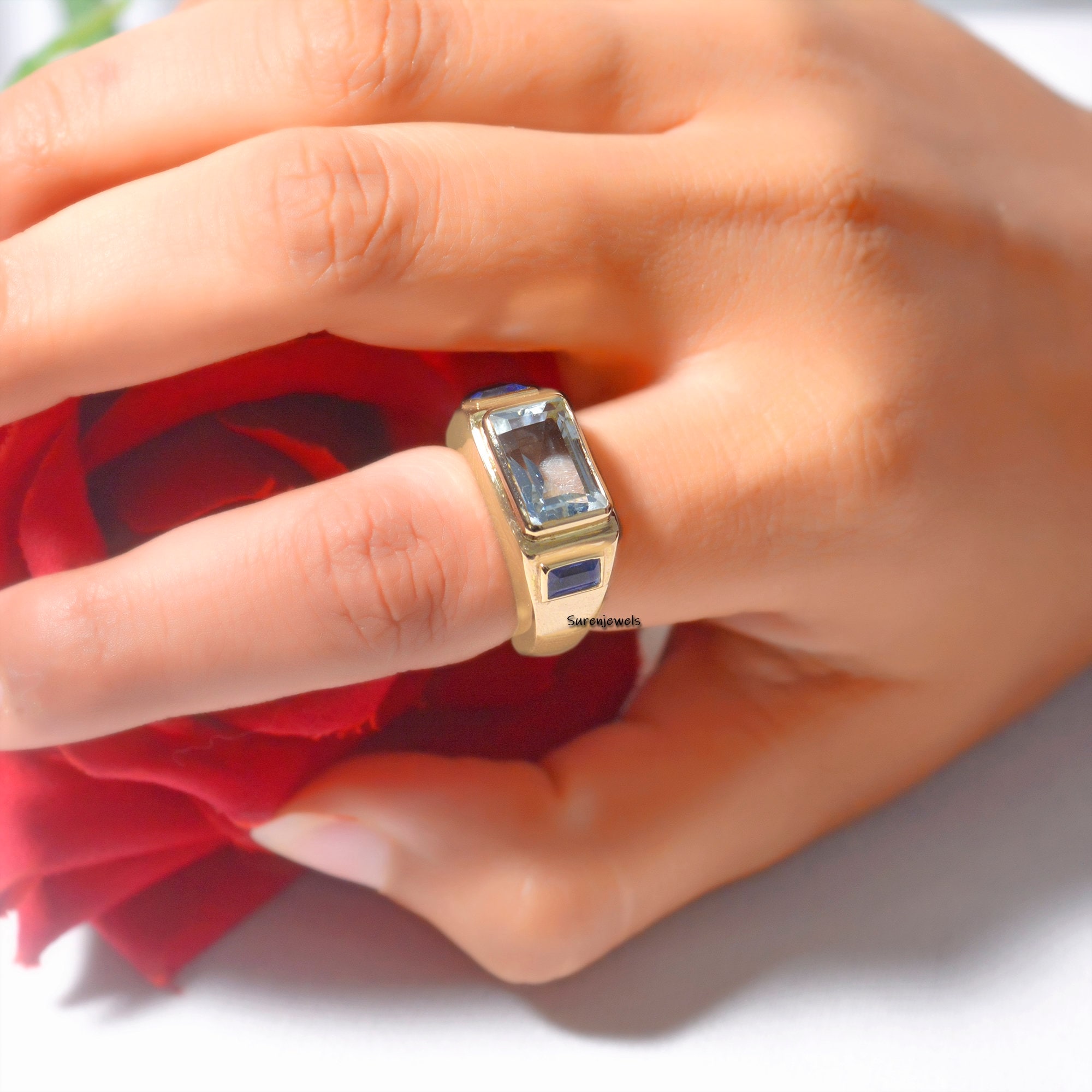 14k Gold Signet Ring: Aqua Quartz & Blue Sapphire Gemstone - Suren Jewels | SKU: SJR899 -14KYBSPAQ-US-4