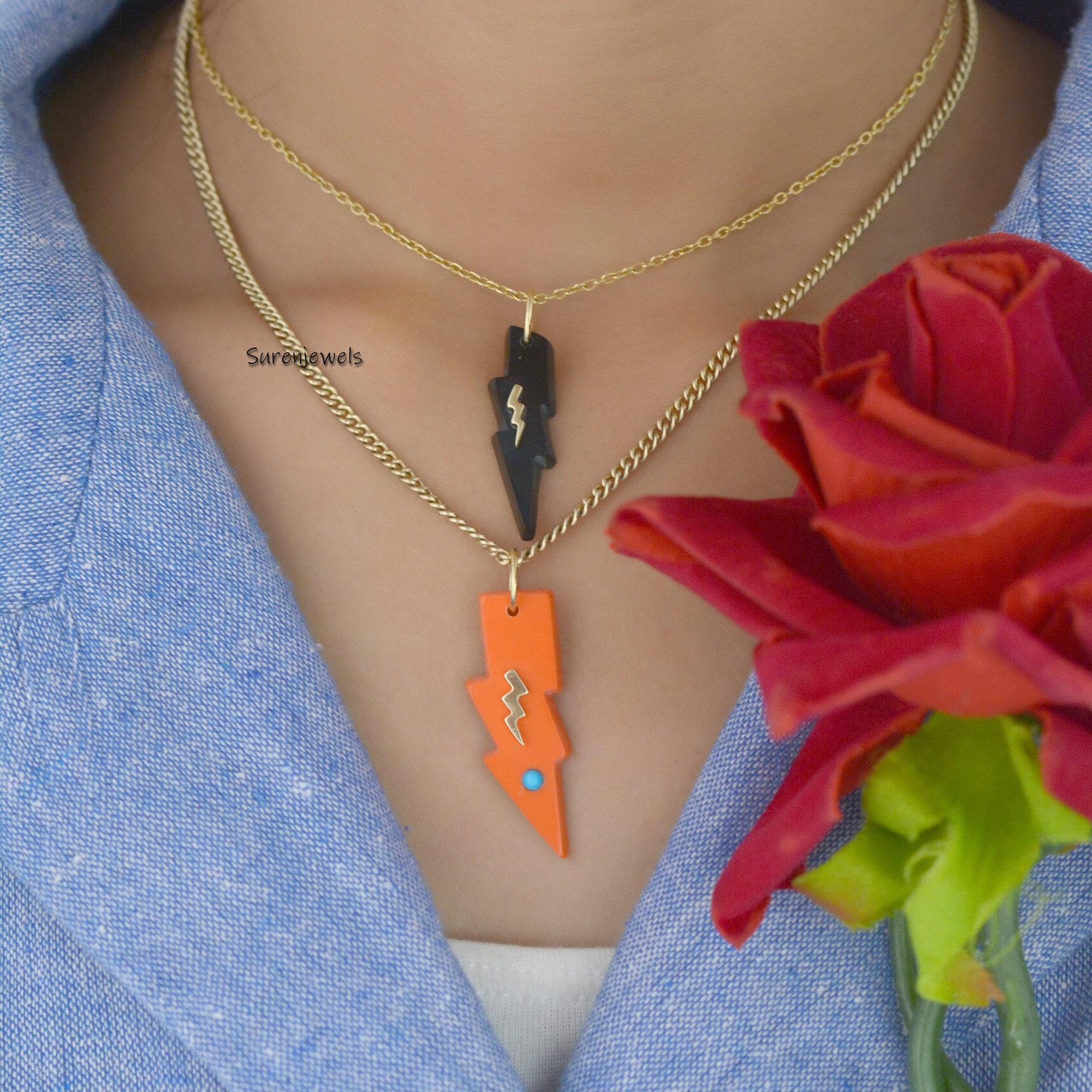 14k Gold Gemstone Lighting Bolt Pendant: Carved Coral or Turquoise - View 5 - Suren Jewels | SKU: SJP1617