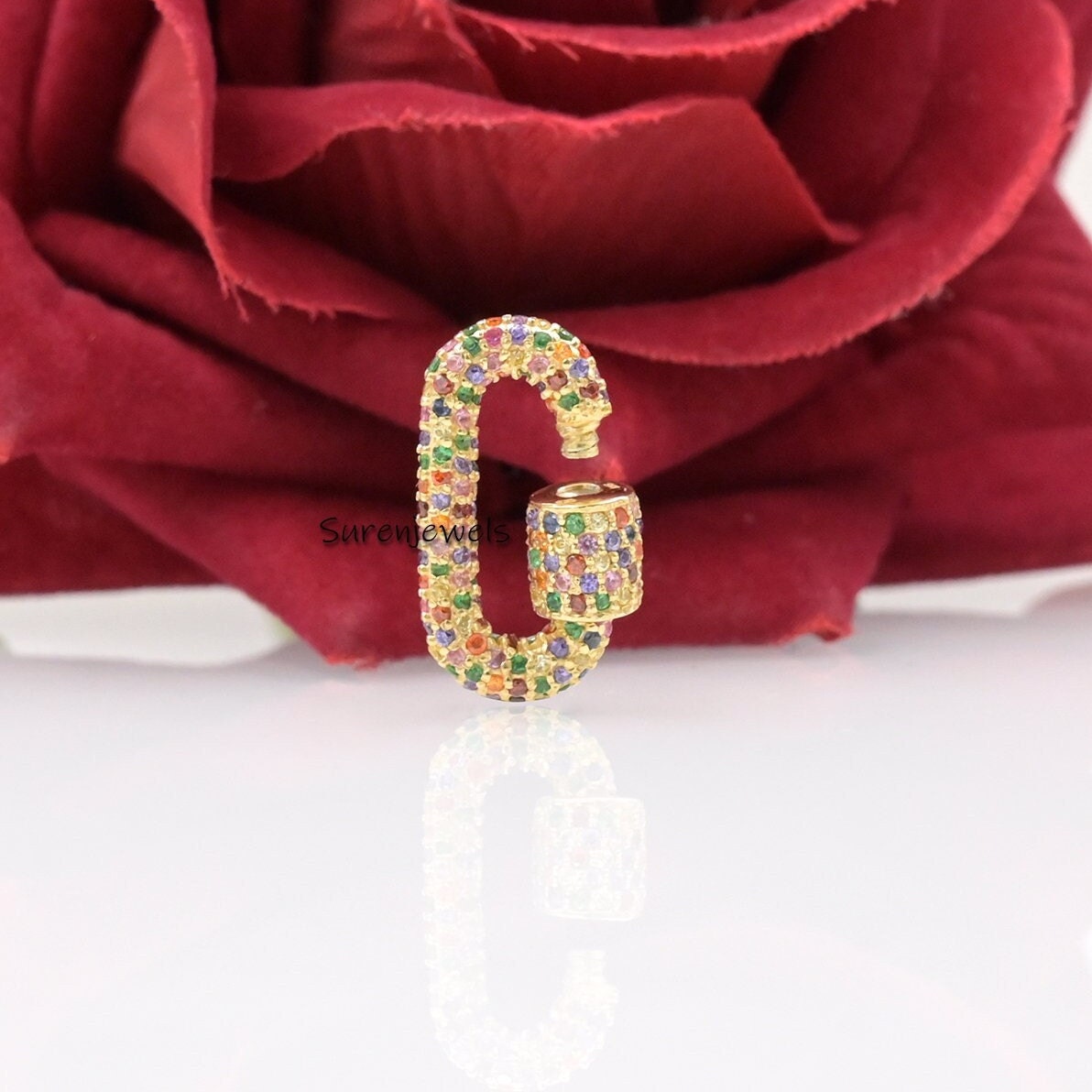 14K Gold Diamond Carabiner Lock Pendant: Full Pave Oval Charm - View 6 - Suren Jewels | SKU: SJC10-14KRGDI-19M