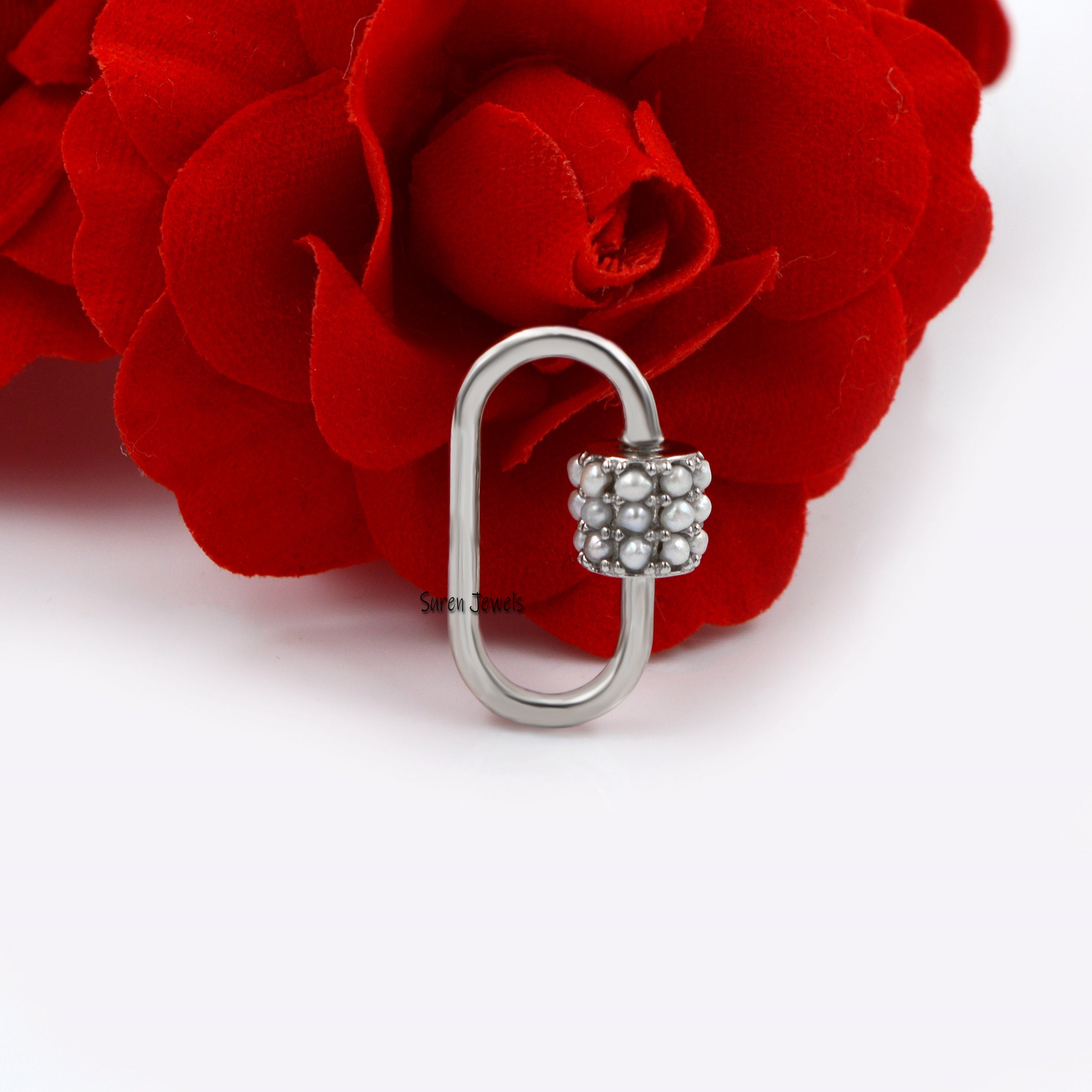 14k Gold Vermeil Pearl Carabiner Lock - 925 Silver - View 5 - Suren Jewels | SKU: SJC09-SLYGPL-18M
