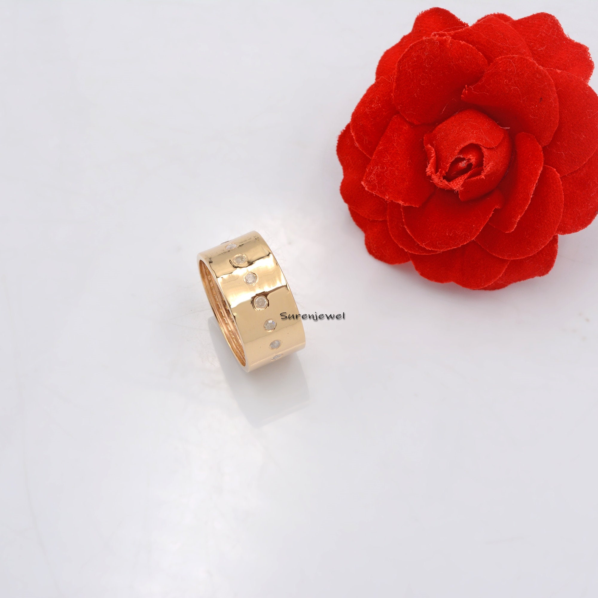 14k Gold Plated Diamond Cigar Ring, Wide 925 Silver Band - View 5 - Suren Jewels | SKU: SJR41-SLYGDI
