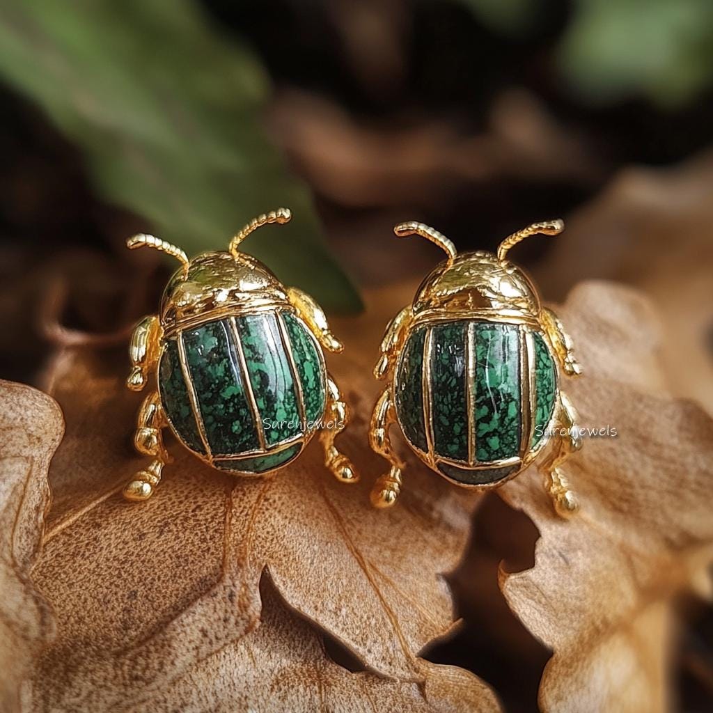 14K Gold Scarab Studs: Hand Carved Egyptian Beetle Earrings - View 5 - Suren Jewels | SKU: SJE1785-SLYGMK-12M,SJE1841-SLRGLB-