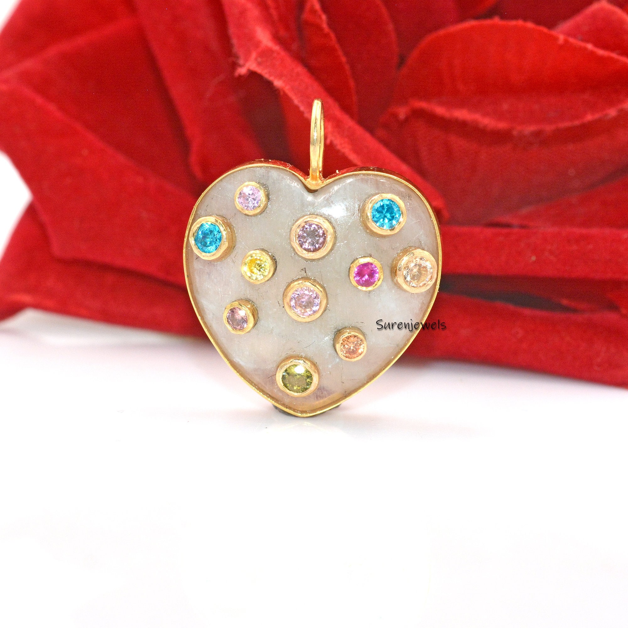 Hand Carved MOP Heart Pendant: Multi Gemstone Inlay (25 MM) - View 3 - Suren Jewels | SKU: SJP1405-SLYGCRMN