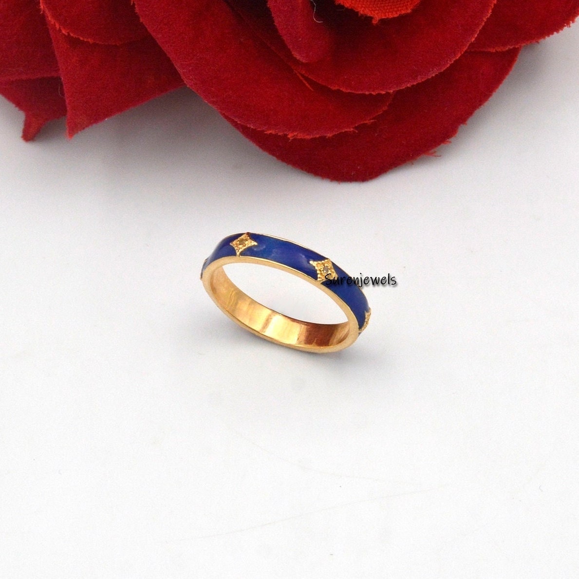 Diamond & Enamel 925 Sterling Silver Stacking Ring - Suren Jewels | SKU: SJR632-SLYGDIELB