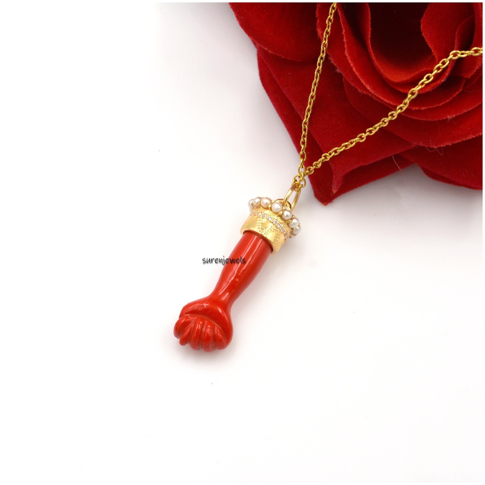 14k Gold hand Carved Gemstone Figa Hand Pendant jewelry - Suren Jewels | SKU: SJP1104-SLYGLPZPLCZP-25M