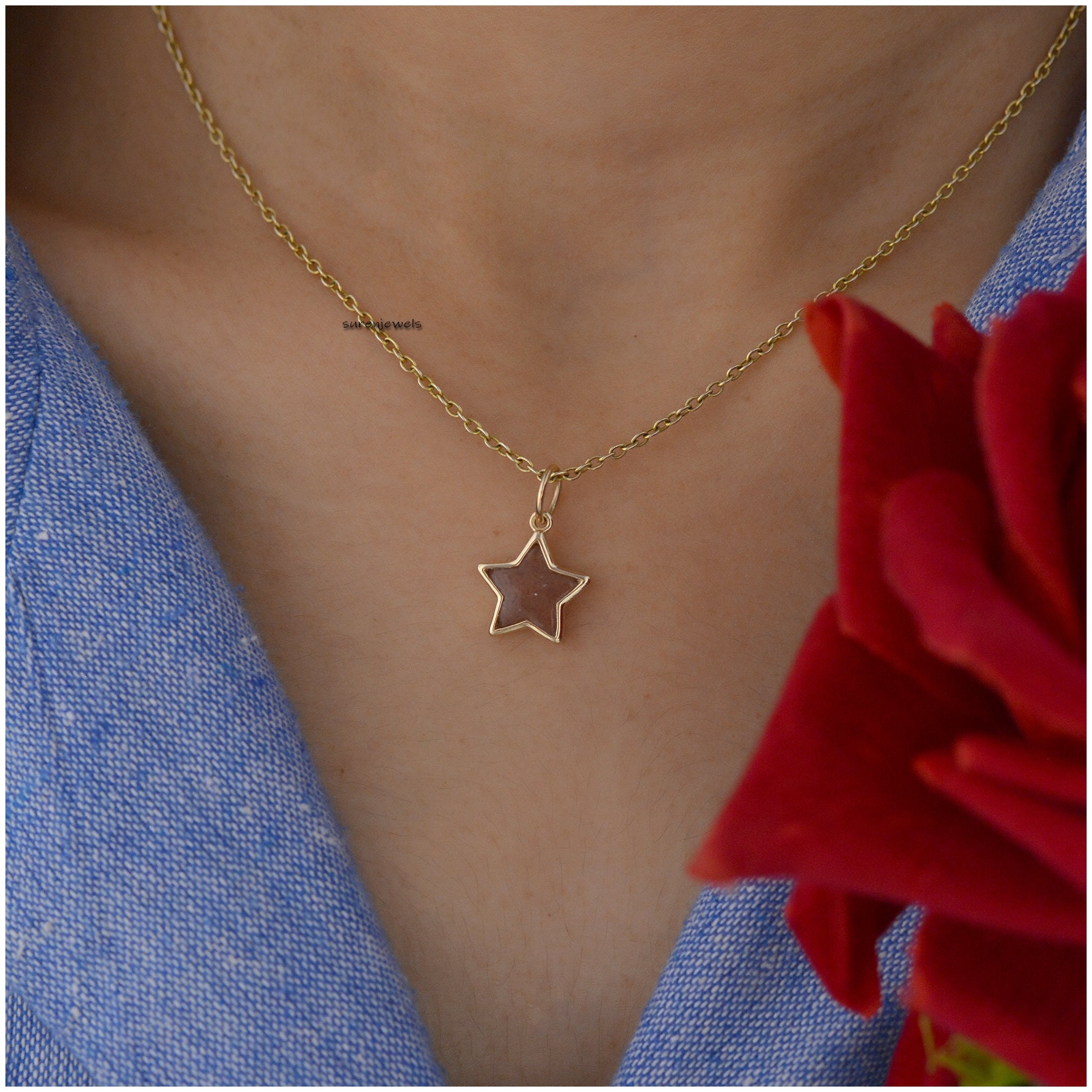 14k Gold Carved Gemstone Star Pendant: Handmade Designer Charm - View 4 - Suren Jewels | SKU: SJP1375-