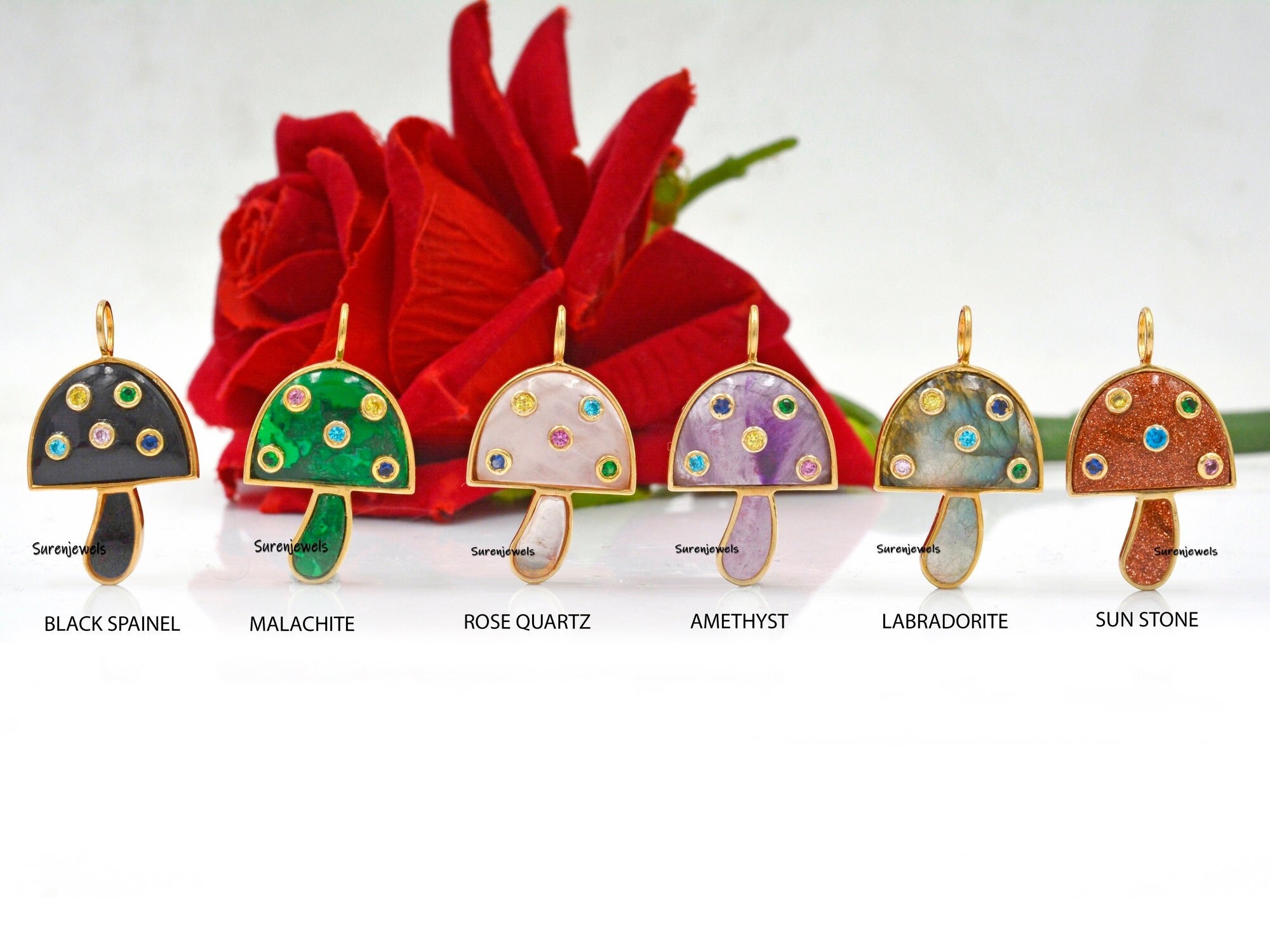 14k Gold Gemstone Mushroom Pendant, Magic Mushroom Pendant, Gemstone Mushroom Pendant, 14k Mushroom Charm, Wholesale Mushroom