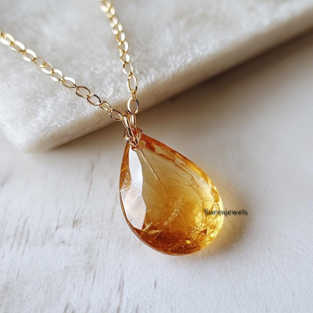 14K Gold Citrine Teardrop Pendant, Gold Gemstone Drop Pendant, Gemstone Teardrop Pendant, 14K Designer Drop Pendant, Gold Tea
