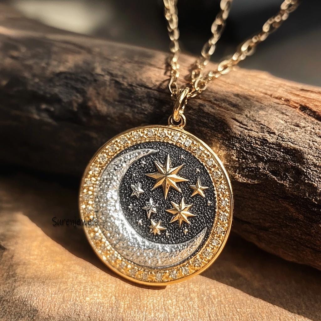 925 Silver Diamond Star Moon Disc Pendant: Celestial Charm - Suren Jewels | SKU: SJP4352-SLYGRHNSCZ-25M,SJP