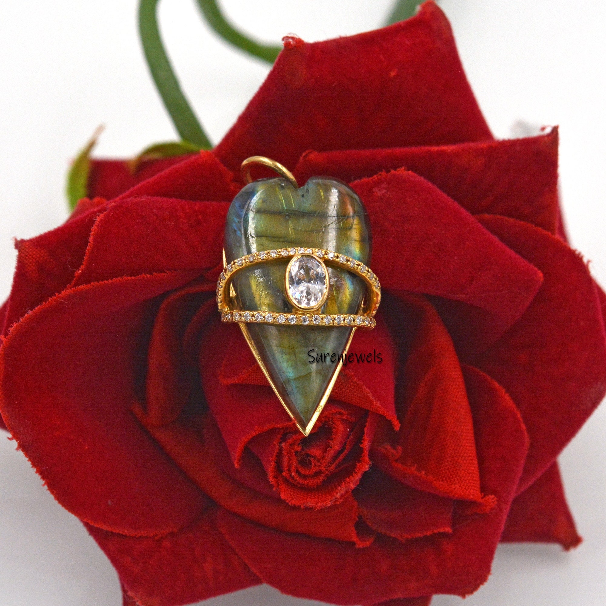 14k Gold Gemstone Evil Eye Heart pendant - View 2 - Suren Jewels | SKU: SJP1559-SLYGMSMNBCZ