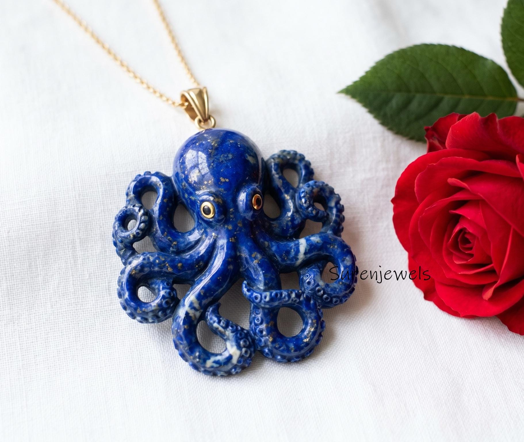 Hand Carved 14k Gold Gemstone Octopus Pendant: Handmade Carved Jewelry - Suren Jewels | SKU: SJP6142-SLYGBCHBKCZ-35M