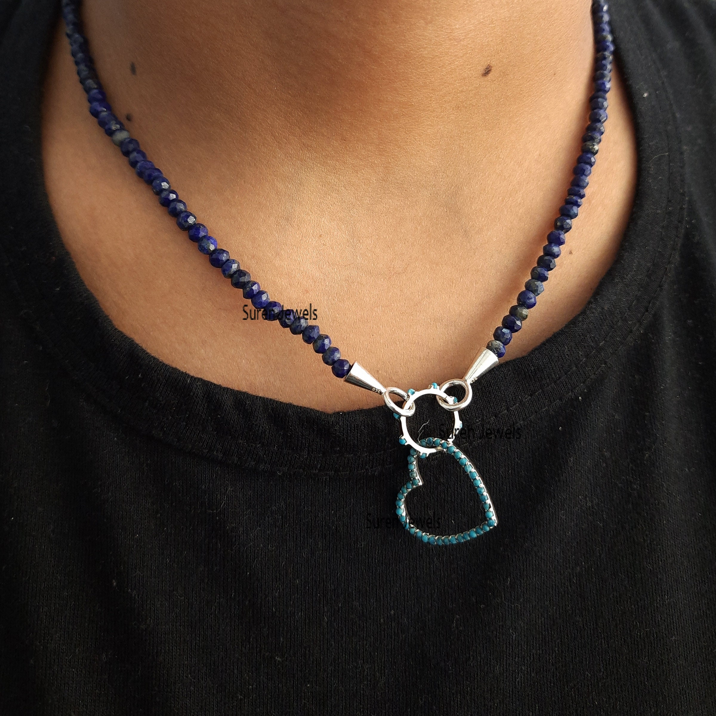 Lapis Lazuli Beaded Choker: Silver Charm Holder Necklace - View 4 - Suren Jewels | SKU: SJN247-SLWGLPZ-18I