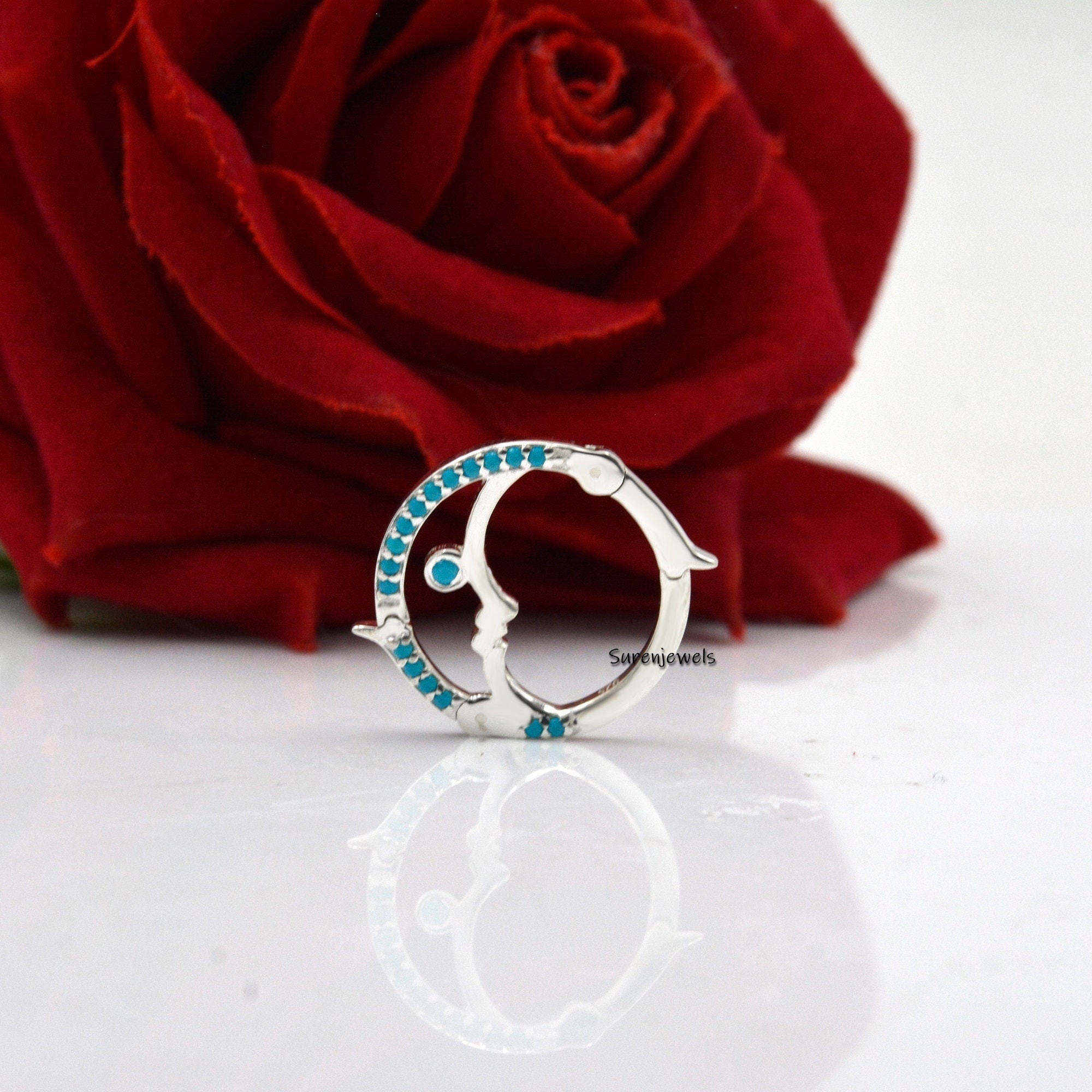 Turquoise Crescent Moon Charm Holder: 14K Solid Gold Lock, 20mm - Suren Jewels | SKU: SJP944-SLYGDI