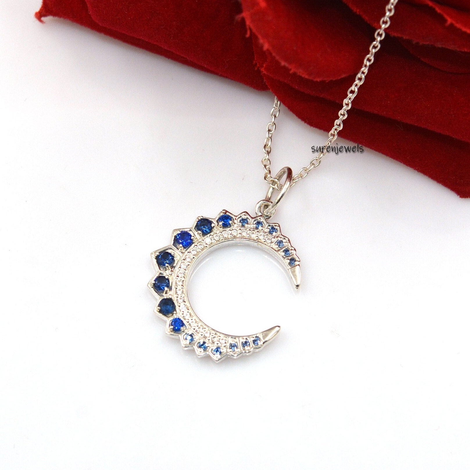 14k Gold Turquoise Crescent Pendant: Silver Diamond Moon Charm - View 4 - Suren Jewels | SKU: SJP1298-SLYGCZPL