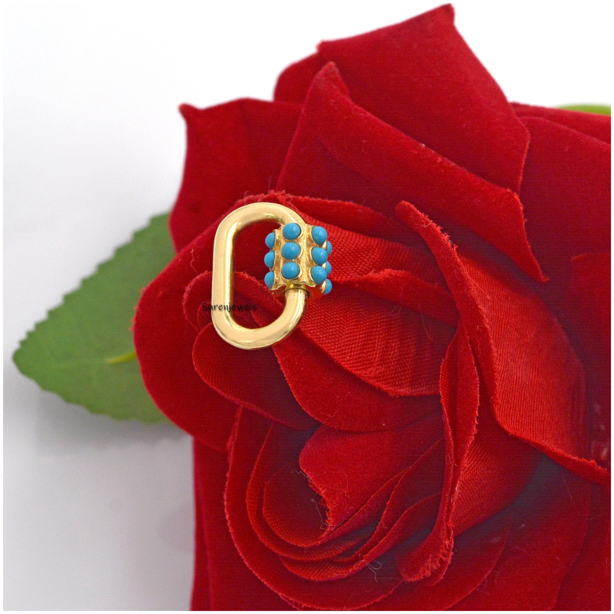 14K Solid Gold Turquoise Carabiner Lock: Gemstone Pendant - View 3 - Suren Jewels | SKU: SJC34-SLYGTQ-20M