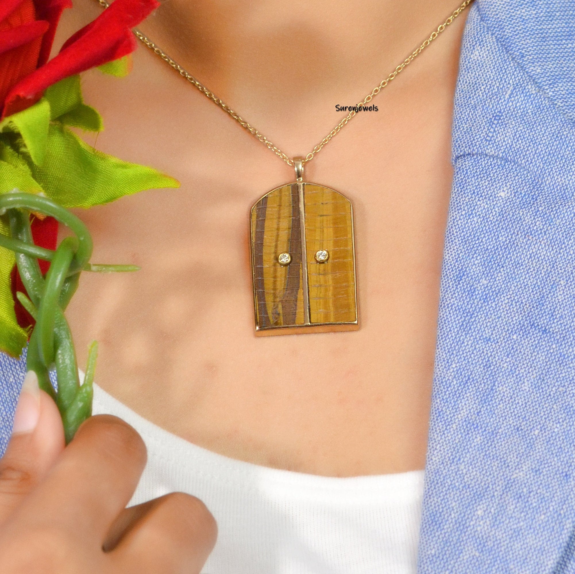 14k Gold Turquoise Door Pendant: Carved Gemstone, Handmade - View 3 - Suren Jewels | SKU: SJP1045-SLYGDITE