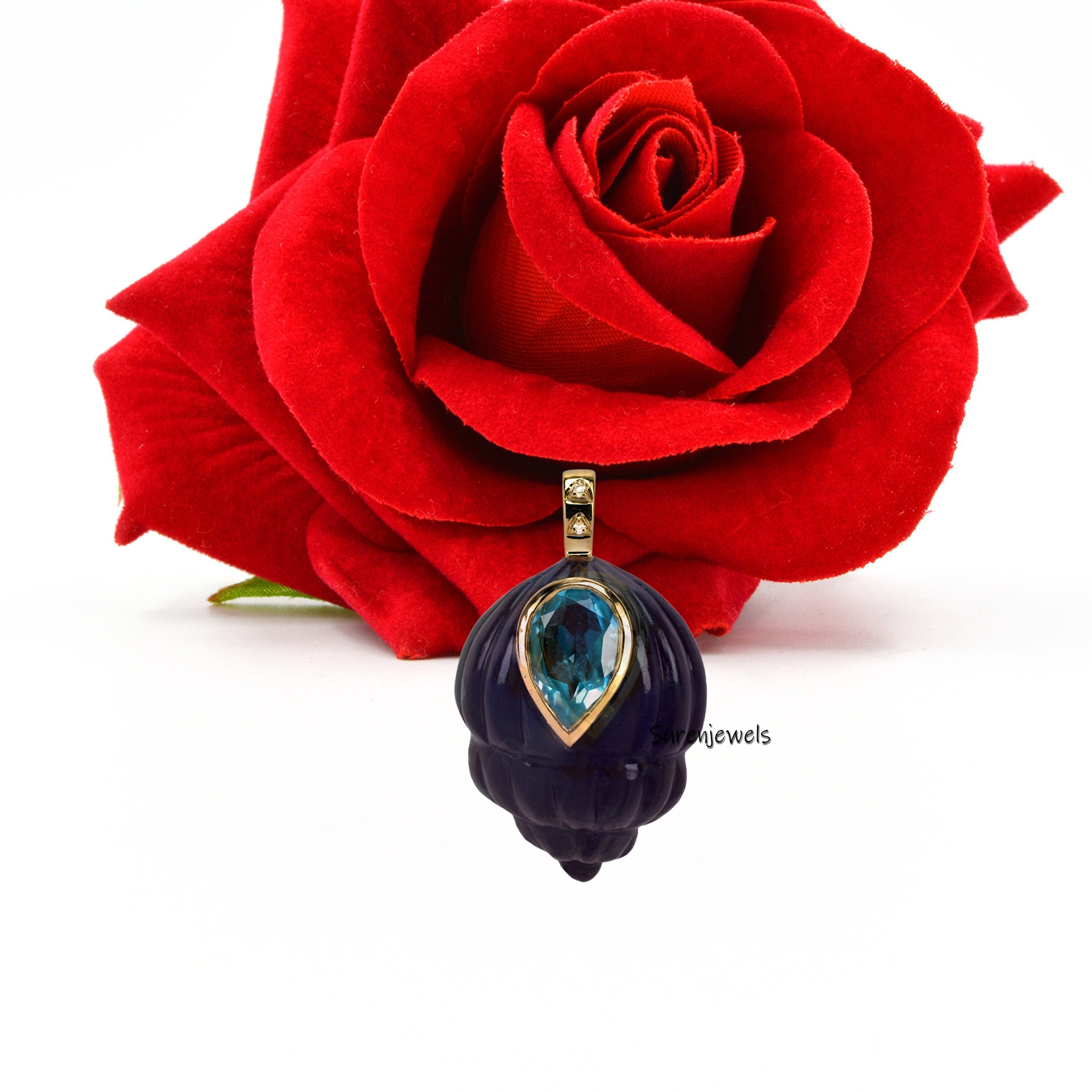 14k Gold Carved Gemstone Conch Shell Pendant (25 mm) - View 4 - Suren Jewels | SKU: SJP1898-SLYGCLQCZ