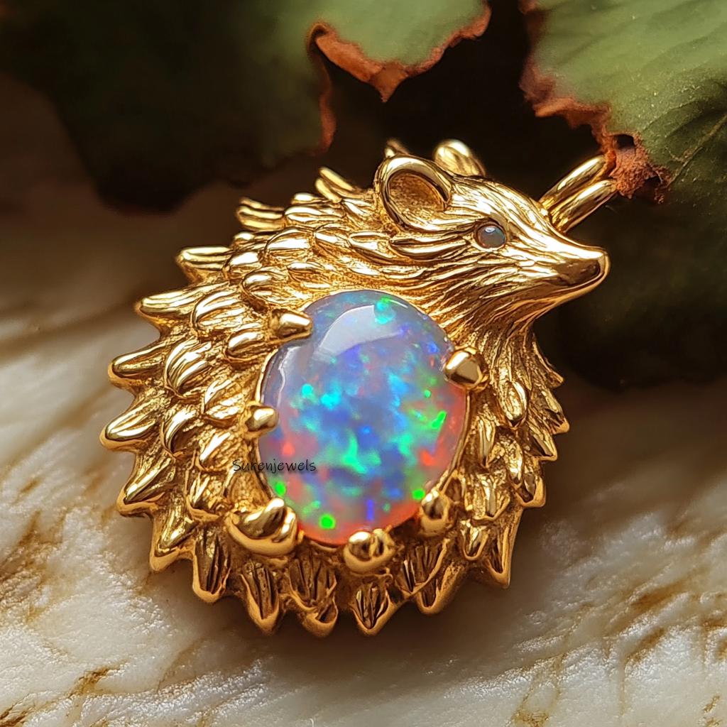 14k Gold Gemstone Hedgehog Pendant: Handmade Animal Jewelry - View 4 - Suren Jewels | SKU: SJP5021-SLYGTQ-30M,SJP,SJP4843-SLY