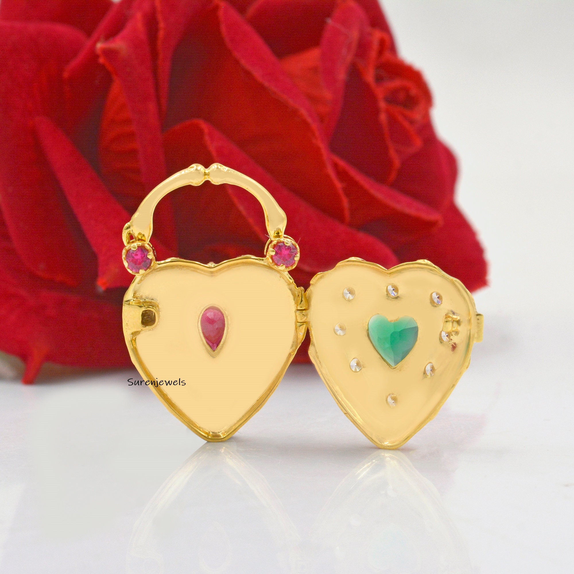 14K Gold Multi Gemstone Heart Padlock: Designer Locket - View 5 - Suren Jewels | SKU: SJP85-SLYGCZRUGO-N47-18I