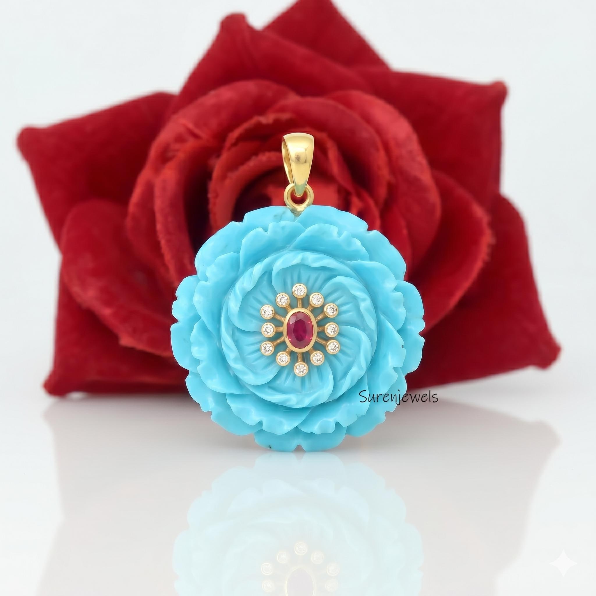 14k Gold Gemstone Flower Pendant, All Gemstone Designer Flower Charm, Quartz Flower Pendant, Unique Flower Pendant, Turquoise