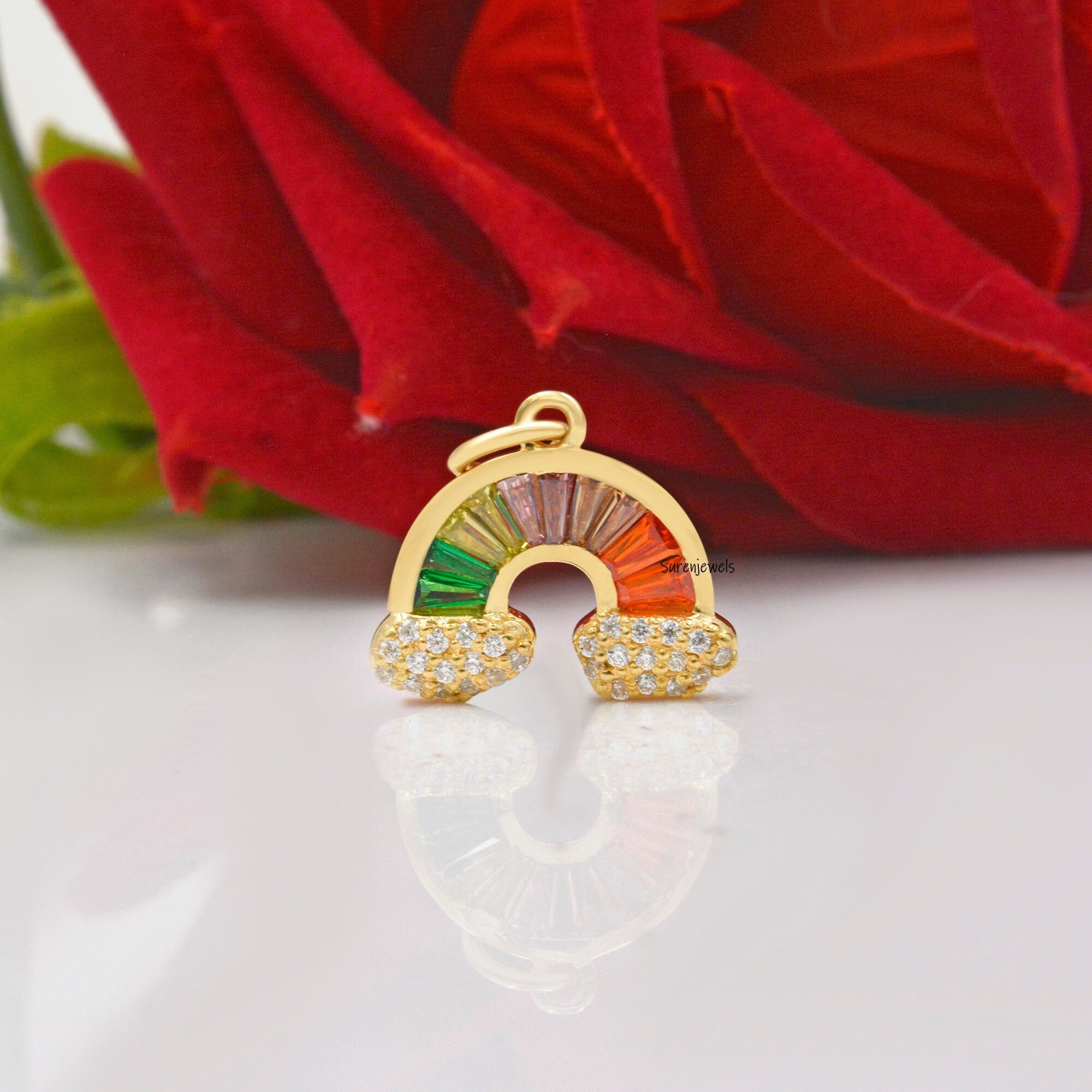 14k Gold Plated Rainbow Pendant: Multi Baguette Charm - View 4 - Suren Jewels | SKU: SJP1183-SLYGMTBTTCZ