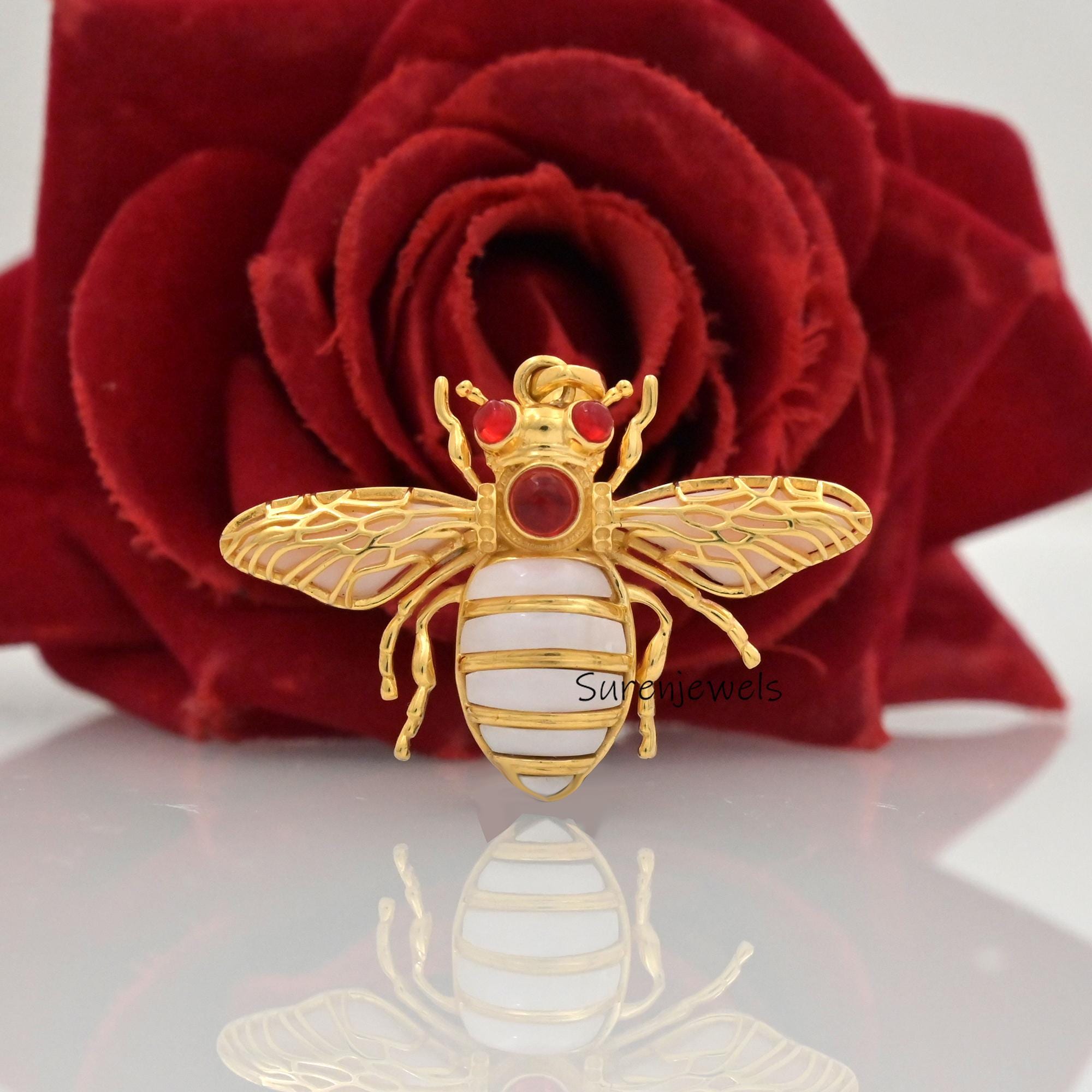 14k Gold Gemstone Bee Pendant: Dainty Opal Honey Bee Charm - View 7 - Suren Jewels | SKU: SJP4476-SLYGMK-30M,SJP4442-SLRGEOOP
