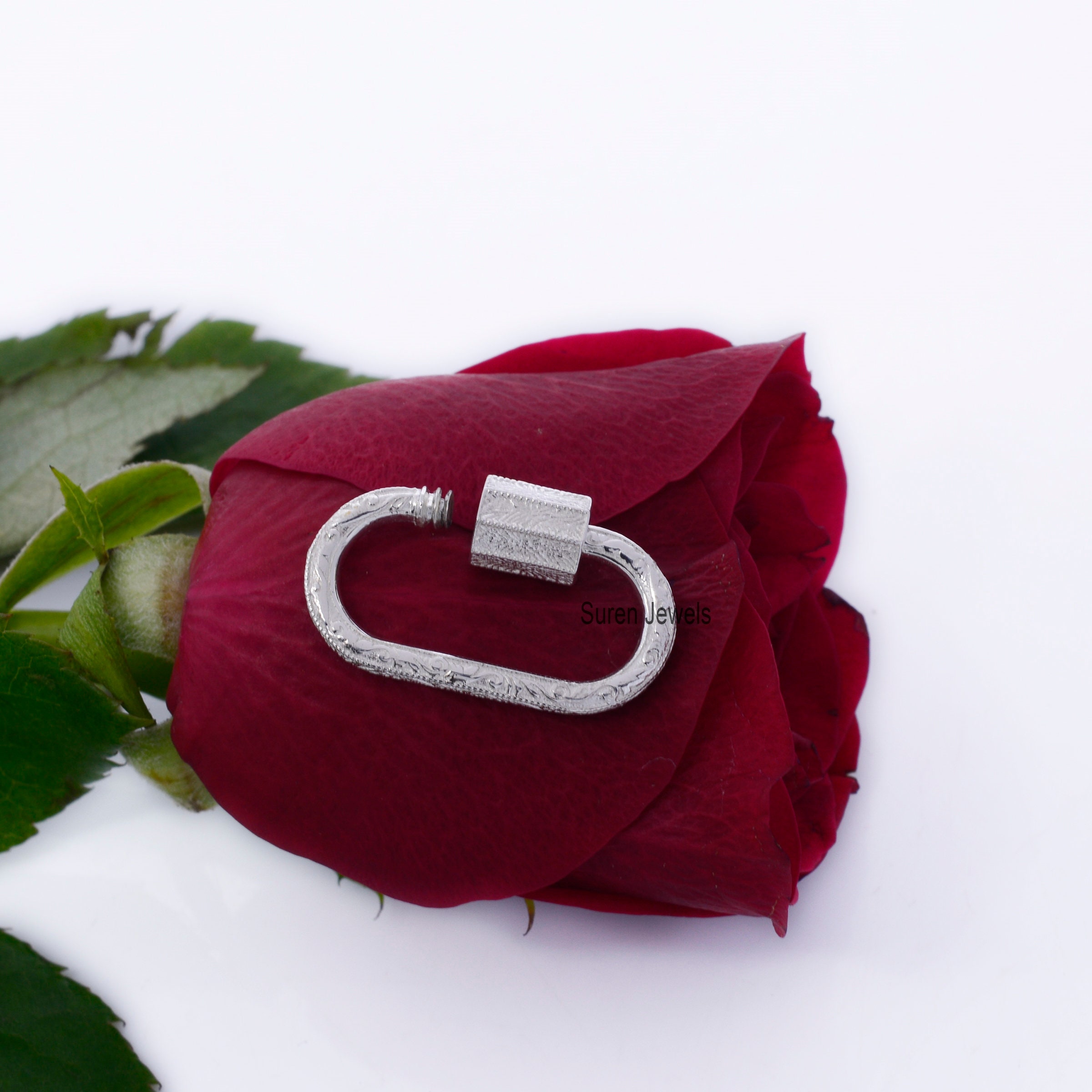 Engraved 925 Silver Carabiner Lock: Designer Charm Pendant - View 3 - Suren Jewels | SKU: SJC108-SLYG-25M
