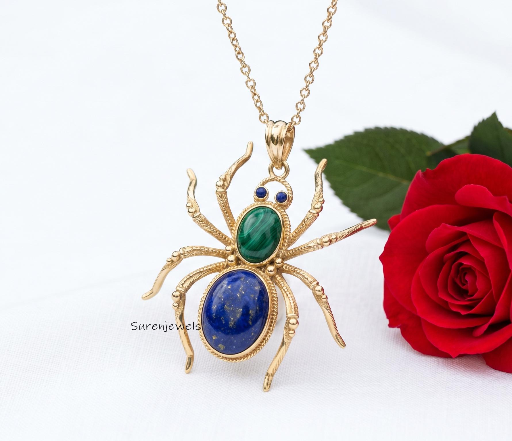 14k Gold Gemstone Spider Pendant, Halloween Spider Pendant, Gold Designer Spider Pendant, Gold Spider Jewelry, Gold Gemstone