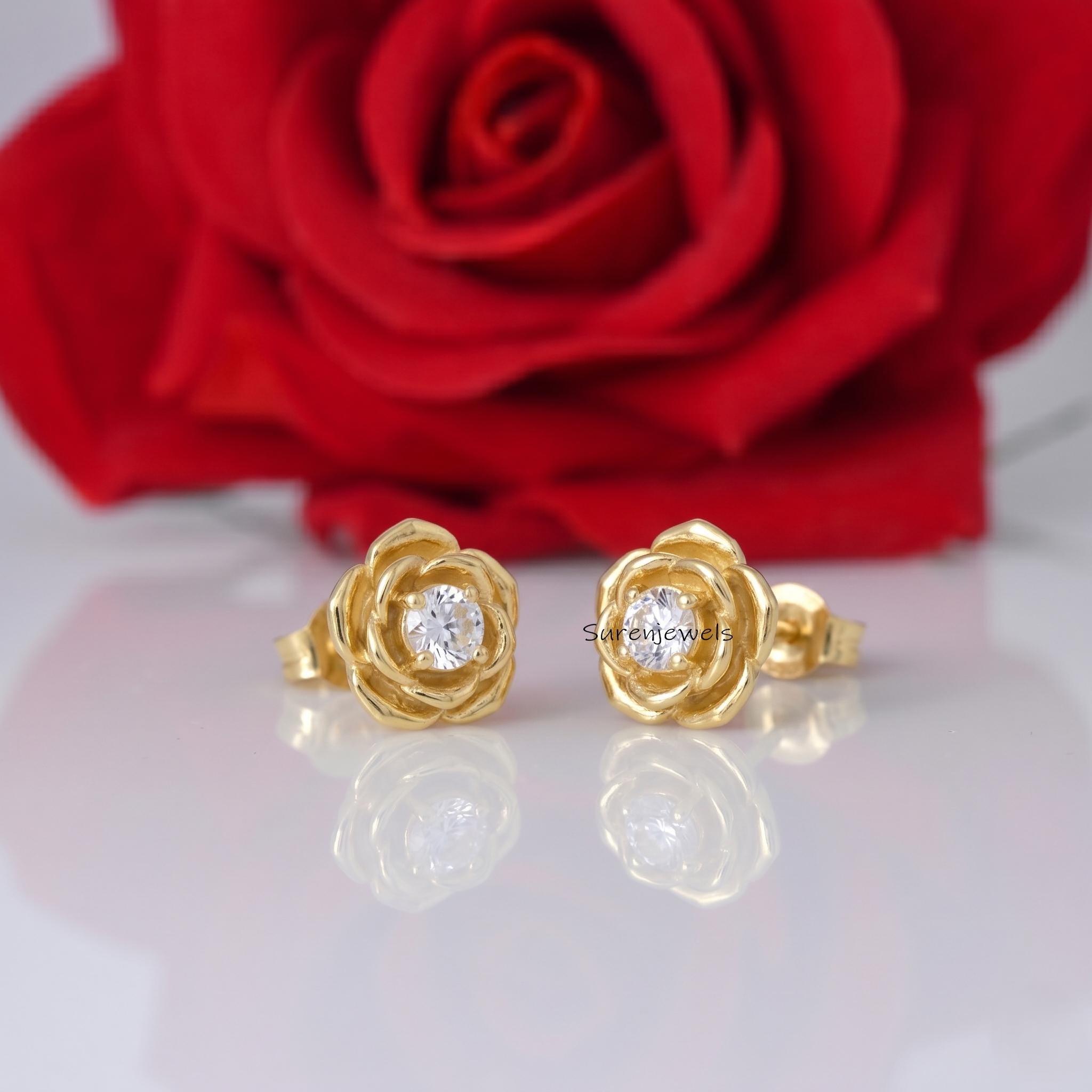 14k Gold Rose Stud Earrings, Real Gold Flower Studs with Cubic Zirconia, Tiny Floral Earrings, Everyday Minimalist Jewelry -