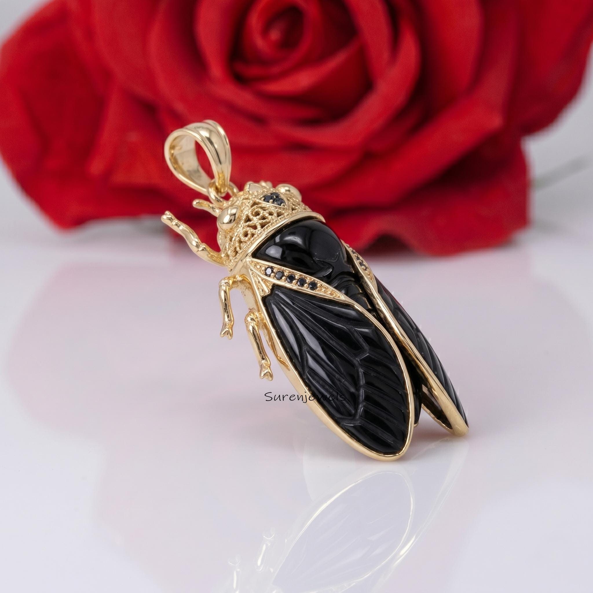 14K Gold Plated Black Onyx Cicada Pendant, Hand Carved Insect Pendant, Statement Bug Jewelry, Nature Inspired Gift - View 2 -