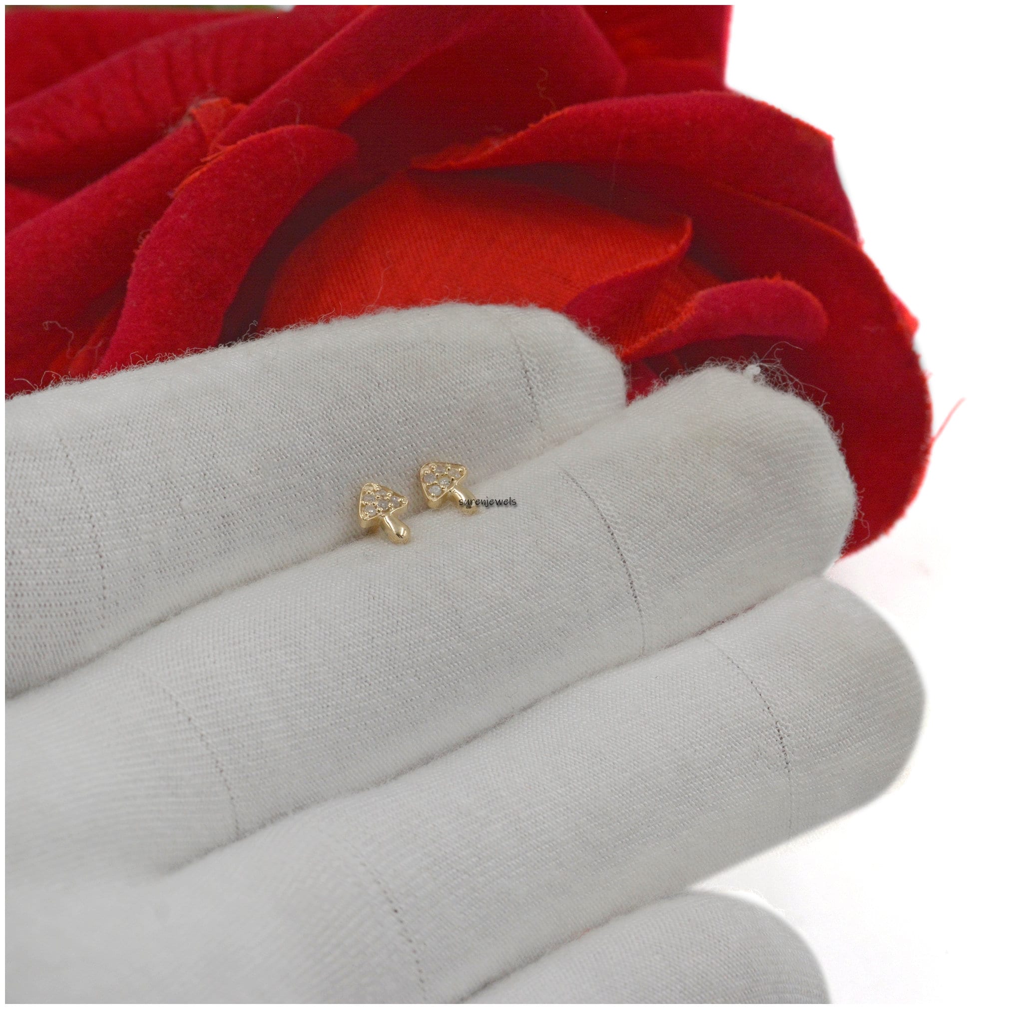 14k Gold Mushroom Stud Earrings: Handmade Designer Jewelry - View 4 - Suren Jewels | SKU: SJE924-14KYGDSIG