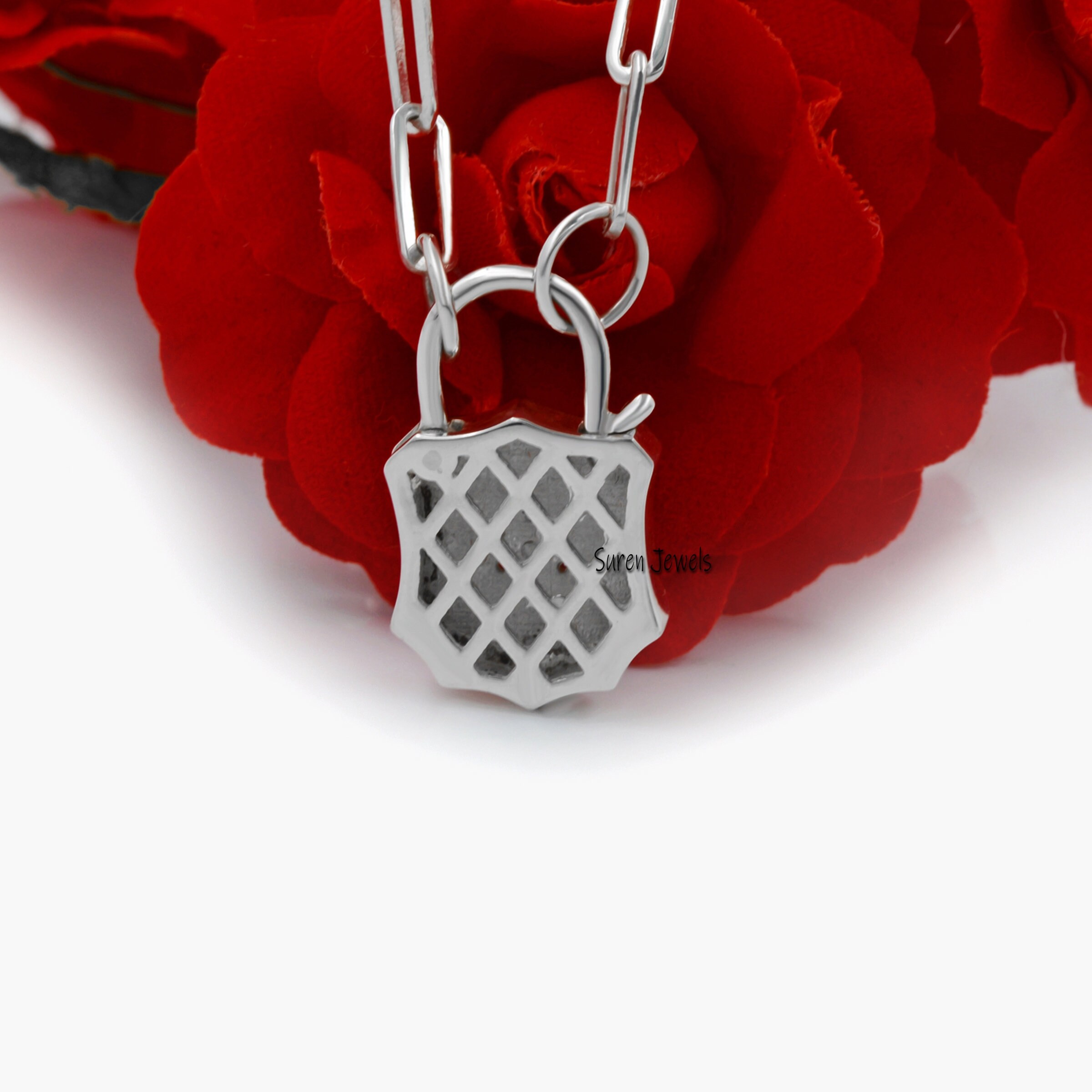 Enamel Starburst 925 Silver Padlock Pendant: Cubic Zircon Gemstone - View 5 - Suren Jewels | SKU: SJP499-SLRGELBCZ-N47-18