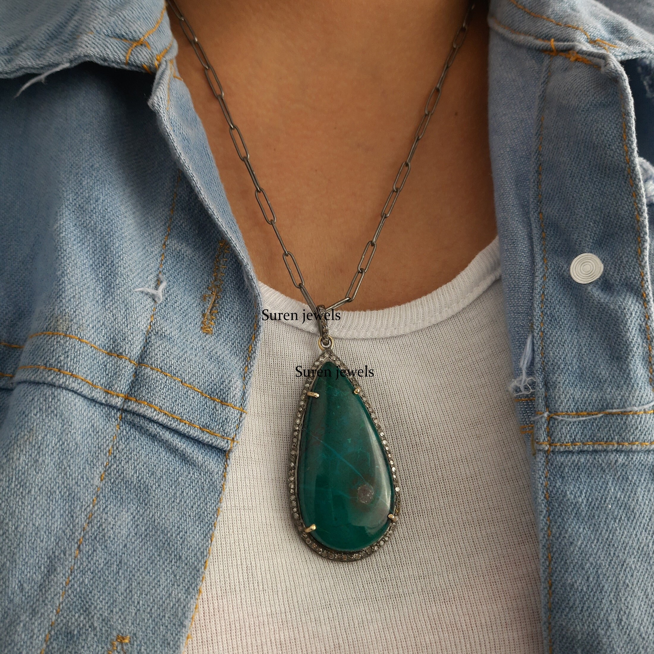 14k Gold Gemstone Teardrop Pendant: Handmade Designer Jewelry - View 5 - Suren Jewels | SKU: SJP177-SLWGMTCS-N47-18I-925