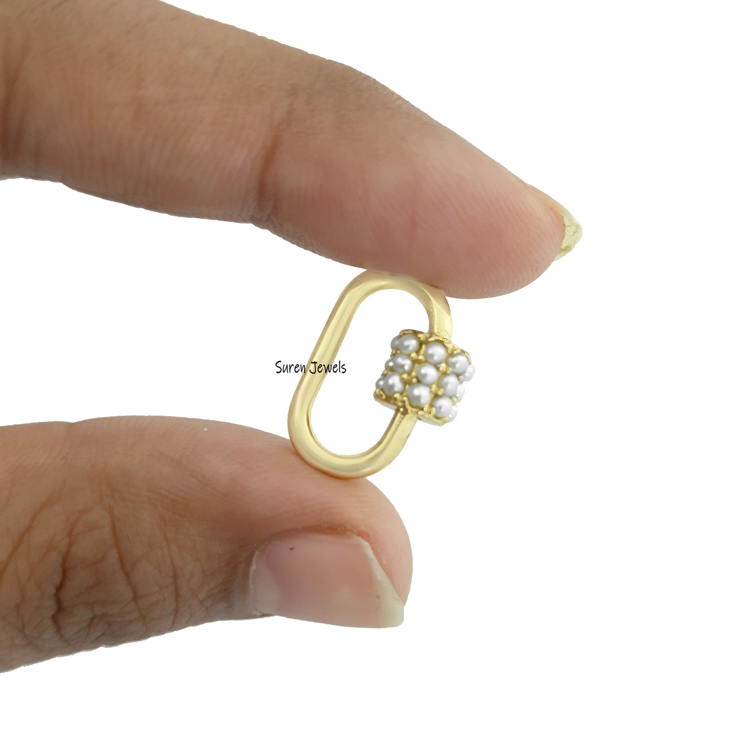 14k Gold Pearl Carabiner Lock: Gemstone Pendant Jewelry (18*9 MM) - View 3 - Suren Jewels | SKU: SJC09-14KYGPL
