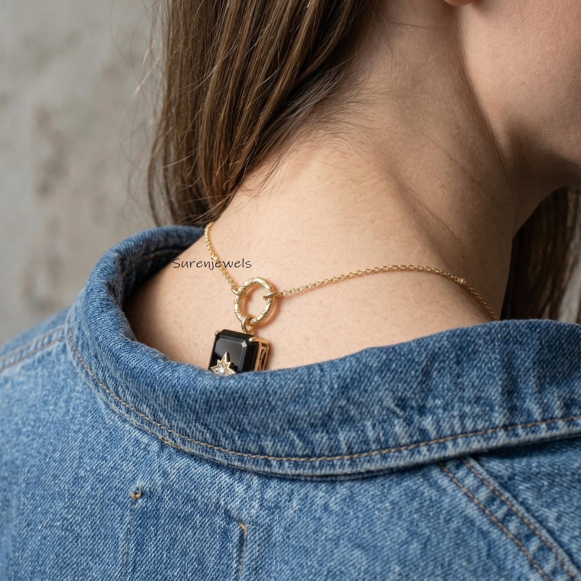 14k Gold Gemstone Square Star Pendant, Handmade Designer Rectangle Gemstone Necklace - View 4 - Suren Jewels | SKU: SJP