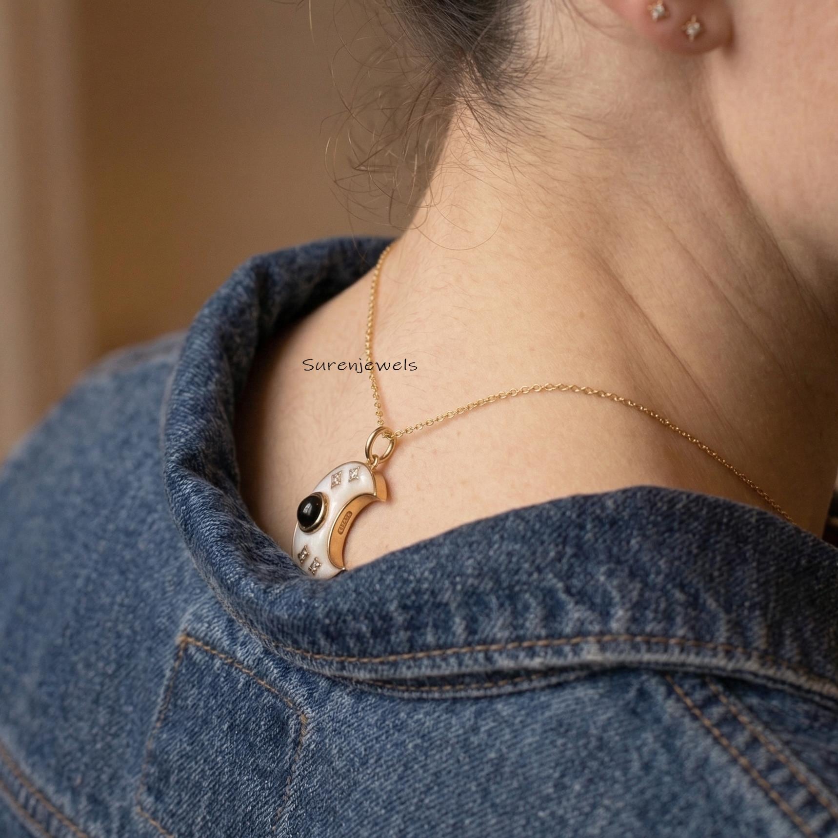 Hand carved 14k Gold Gemstone Half Moon Pendant, Handmade Designer Half Moon Pendant - View 3 - Suren Jewels | SKU: SJP
