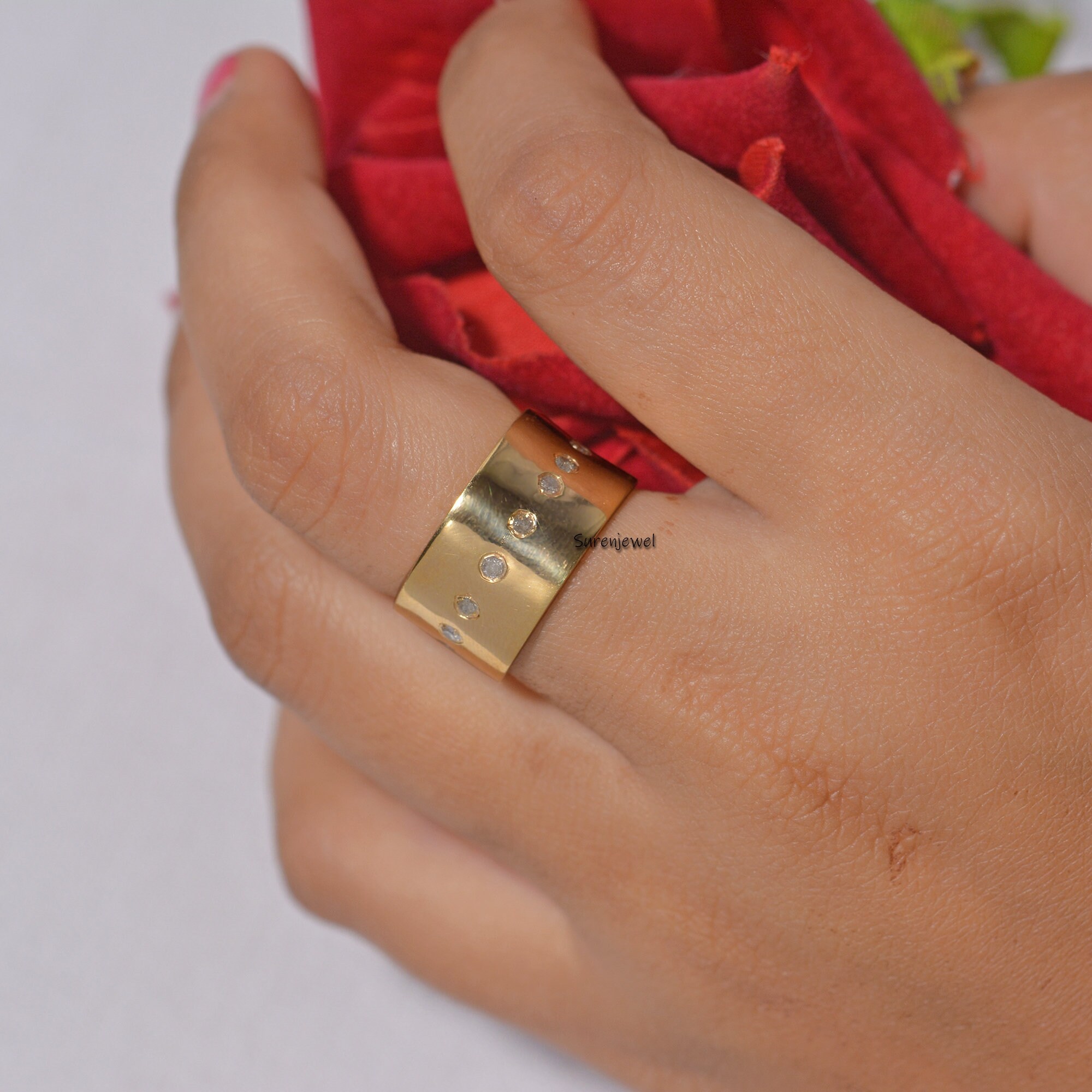 14k Gold Plated Diamond Cigar Ring, Wide 925 Silver Band - View 4 - Suren Jewels | SKU: SJR41-SLYGDI