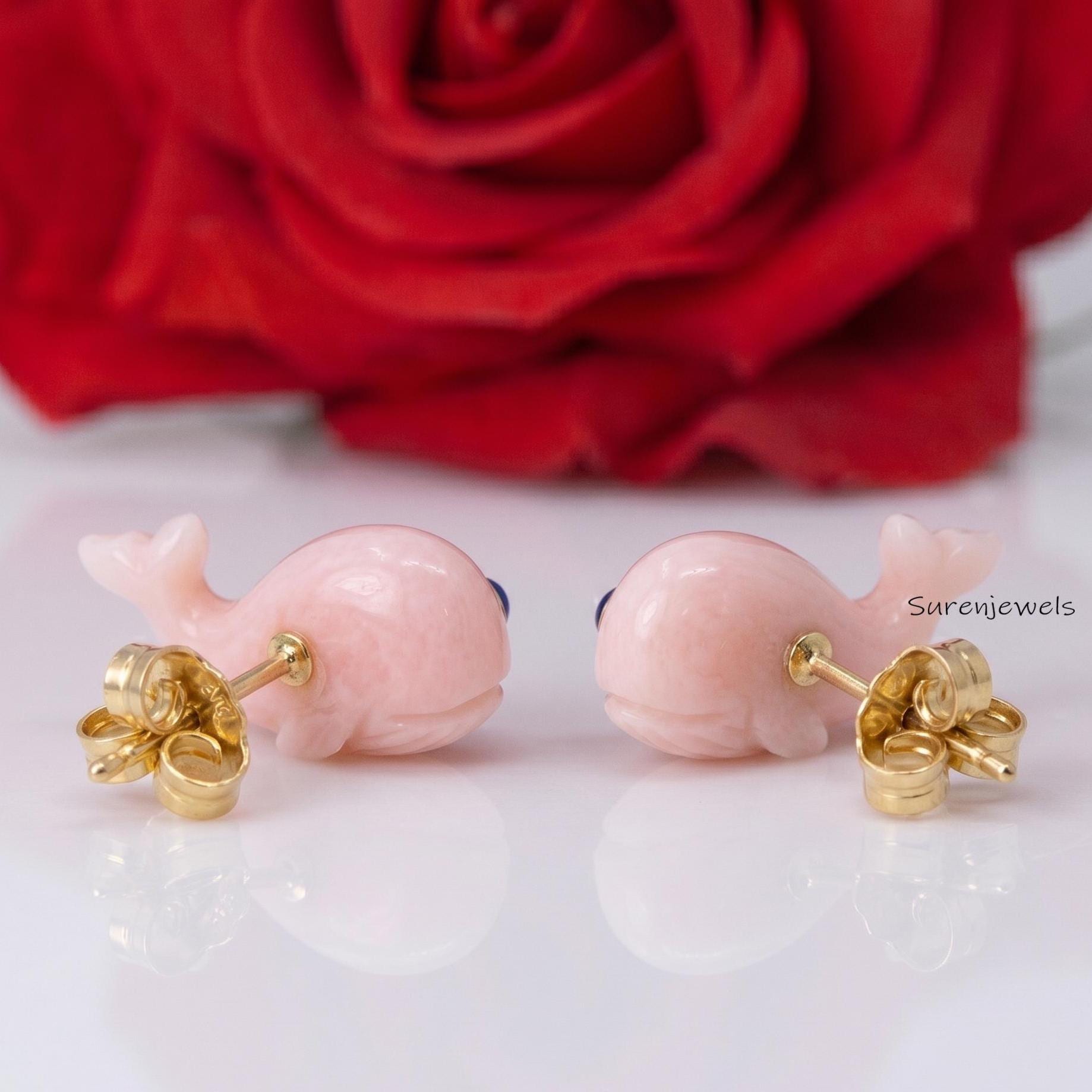 14K Gold Plated Pink Opal Whale Stud Earrings, Lapis Lazuli Whale Earrings, Ocean Animal Jewelry, Cute Marine Life Gift - Vie