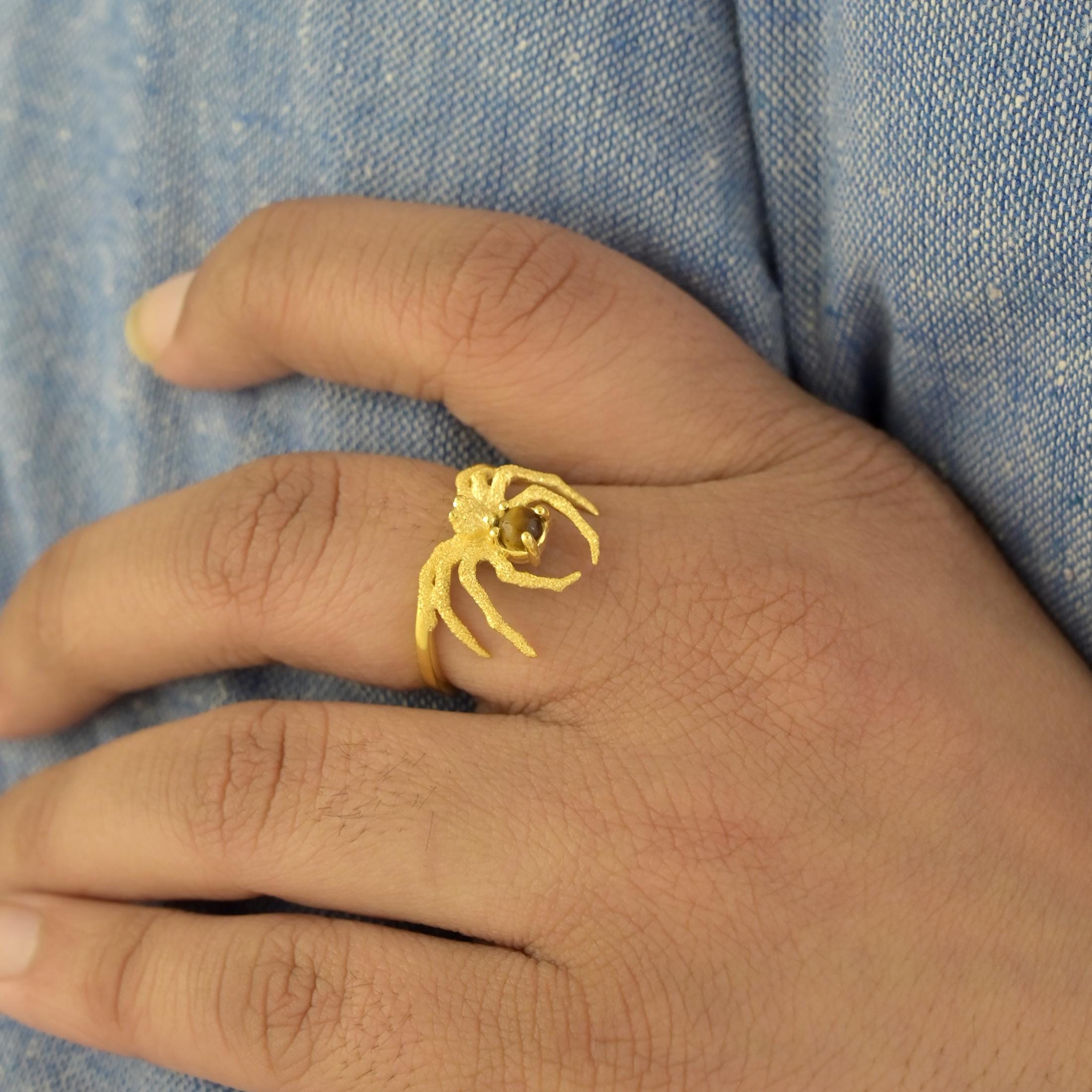 Citrine Spider Ring, Solid Gold Spider Jewelry, Nature Inspired Statement Ring, Creepy Cute Insect Ring, Bold Jewelry, Handma
