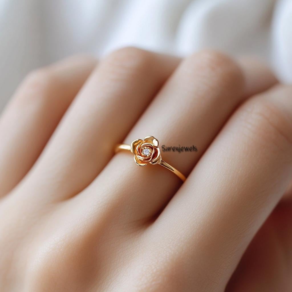 14k Gold Rose Ring: Dainty Flower Jewelry - View 2 - Suren Jewels | SKU: SJR2947-SLYGCZ-US-6,SJR2996-SLYGCZ-US-7.5