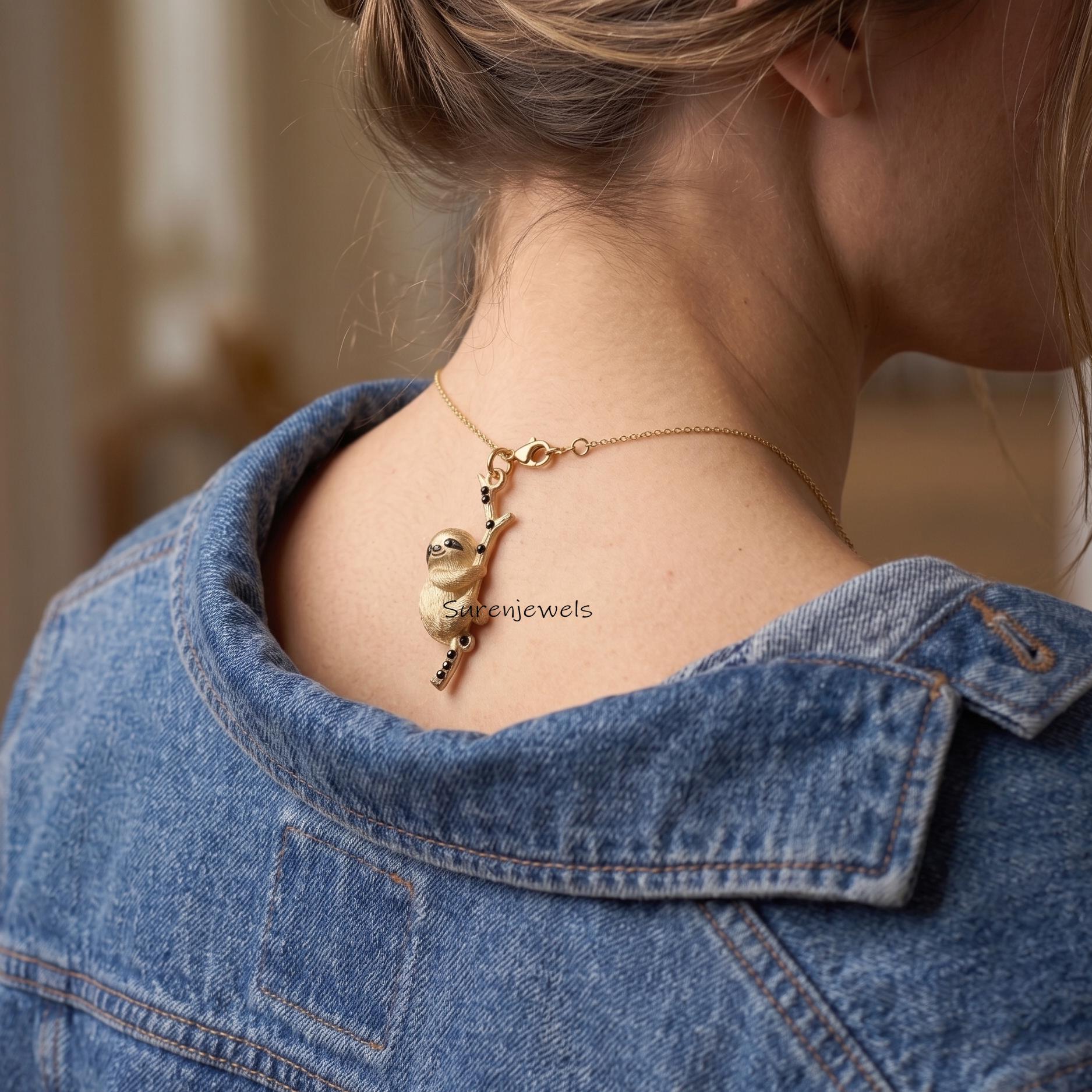 Hanging Sloth Necklace, Gold Tone Sloth on Branch Pendant, Nature Inspired Jewelry, Unique Animal Necklace, Gift for Sloth Lo