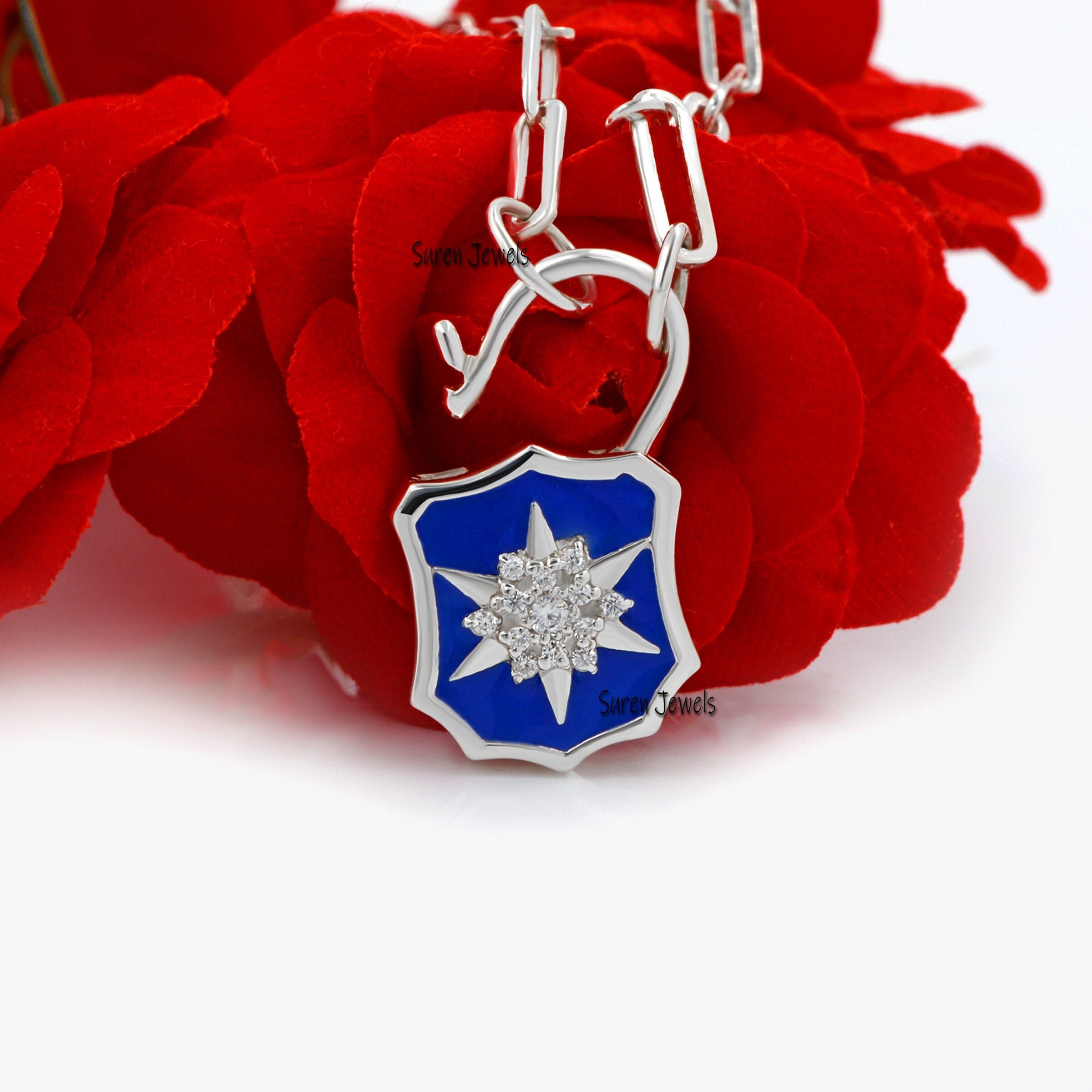 Enamel Starburst 925 Silver Padlock Pendant: Cubic Zircon Gemstone - View 3 - Suren Jewels | SKU: SJP499-SLRGELBCZ-N47-18
