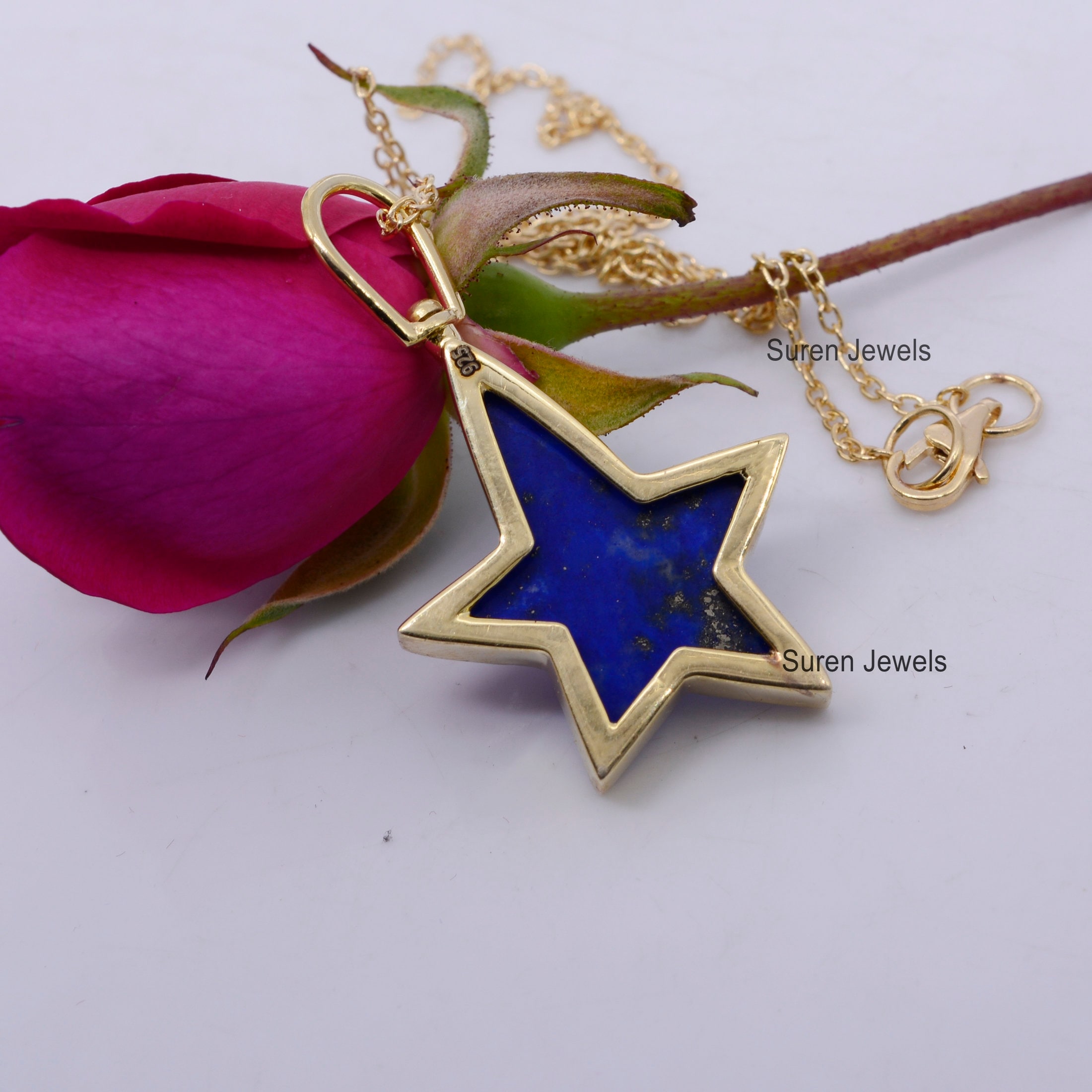 14k Gold Gemstone Star Pendant: Lapis Lazuli or Turquoise - View 2 - Suren Jewels | SKU: SJP510-SLYGLPZ-N41-18I