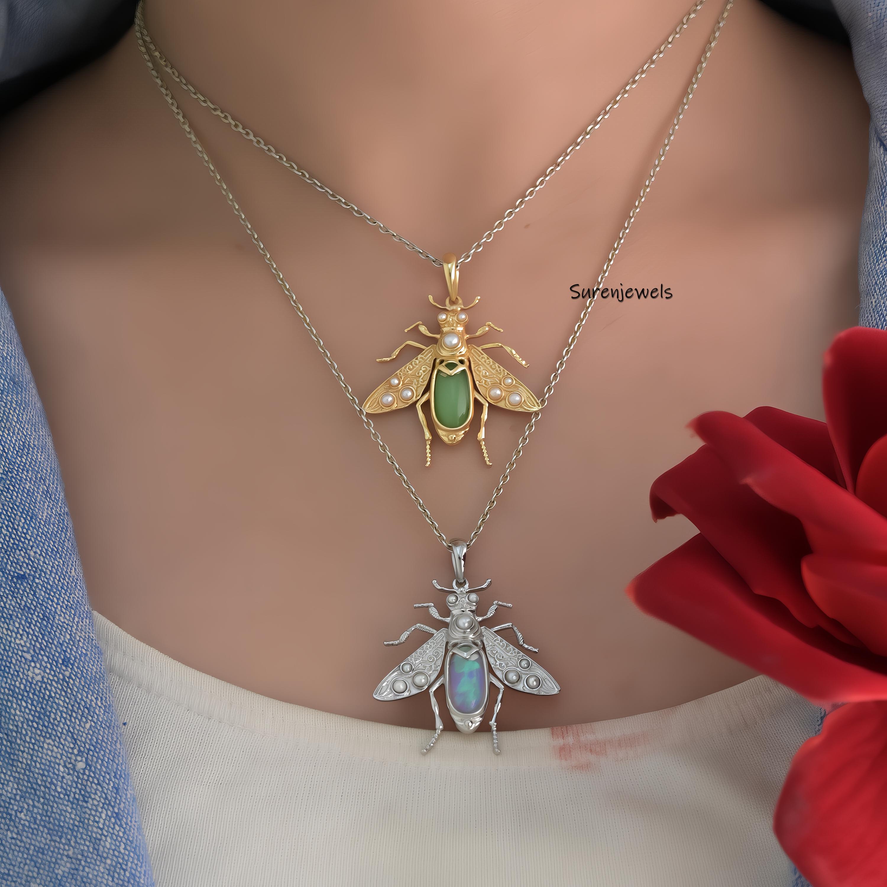 14k Solid Gold Opal Bee Pendant: Gemstone Honey Bee Charm - View 4 - Suren Jewels | SKU: SJP3864-SLYGGOP-25M,SJP4355-SLYGRCRP
