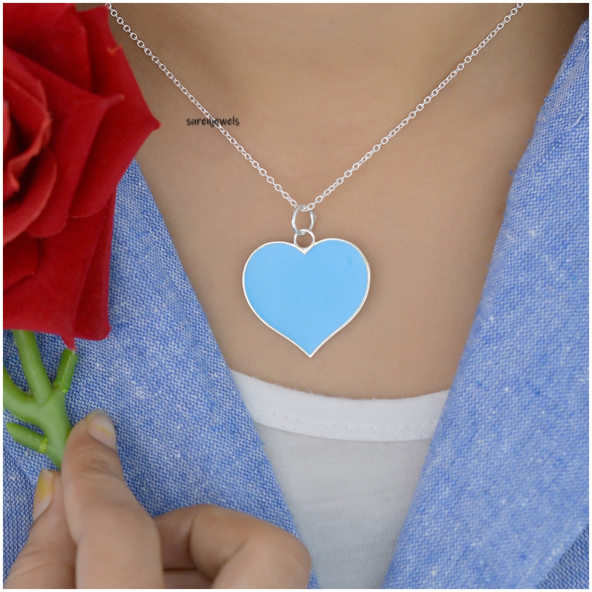 925 Silver Blue Enamel Heart Pendant - Christmas Jewelry - View 2 - Suren Jewels | SKU: SJP506-SLYGELP-N41-18I